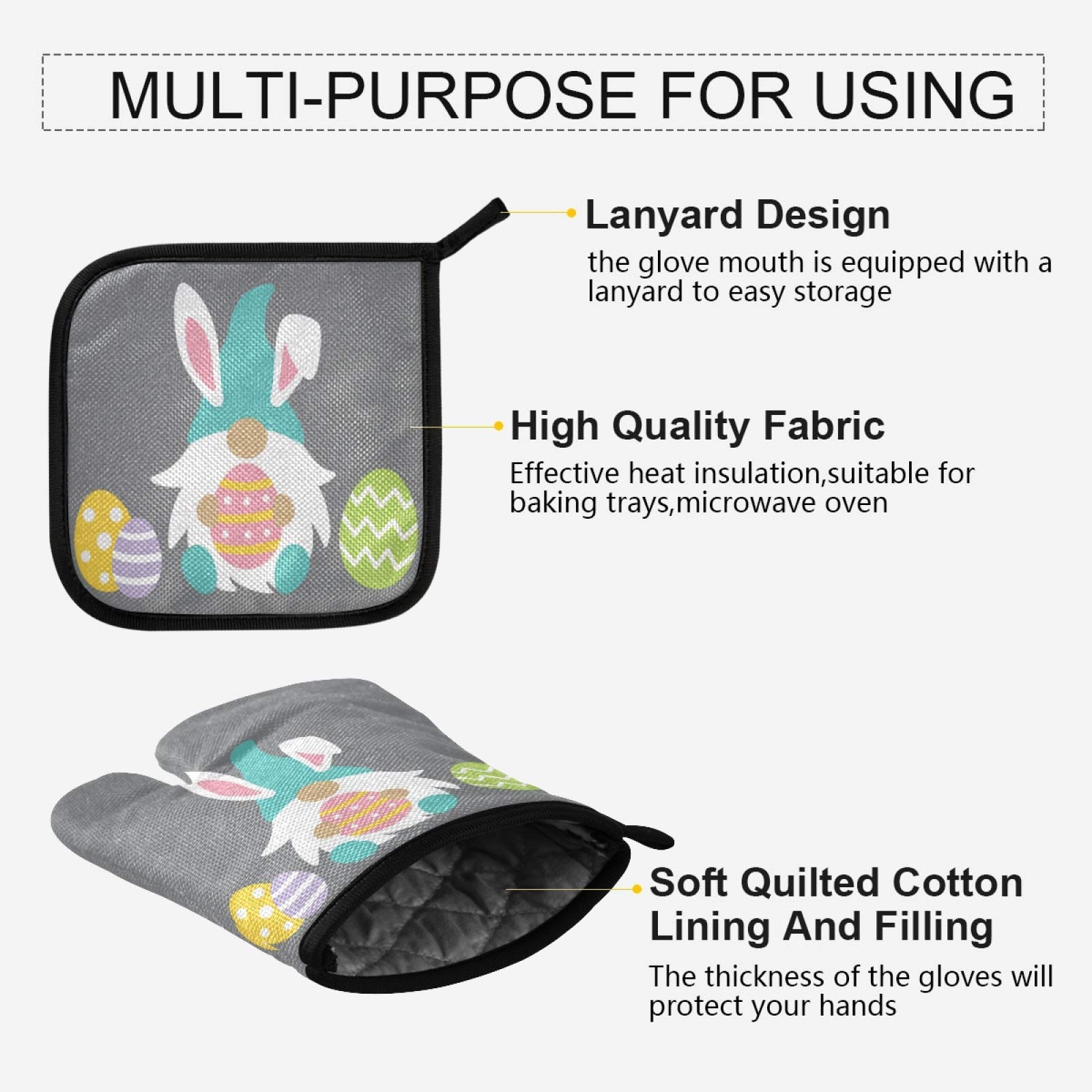 Cute Bunny Gnome Oven Mitts and Pot Holders Set - Heat Resistant Kitchen Gloves for Baking, Cooking & BBQ - Easter Home Decor & Gift Idea
