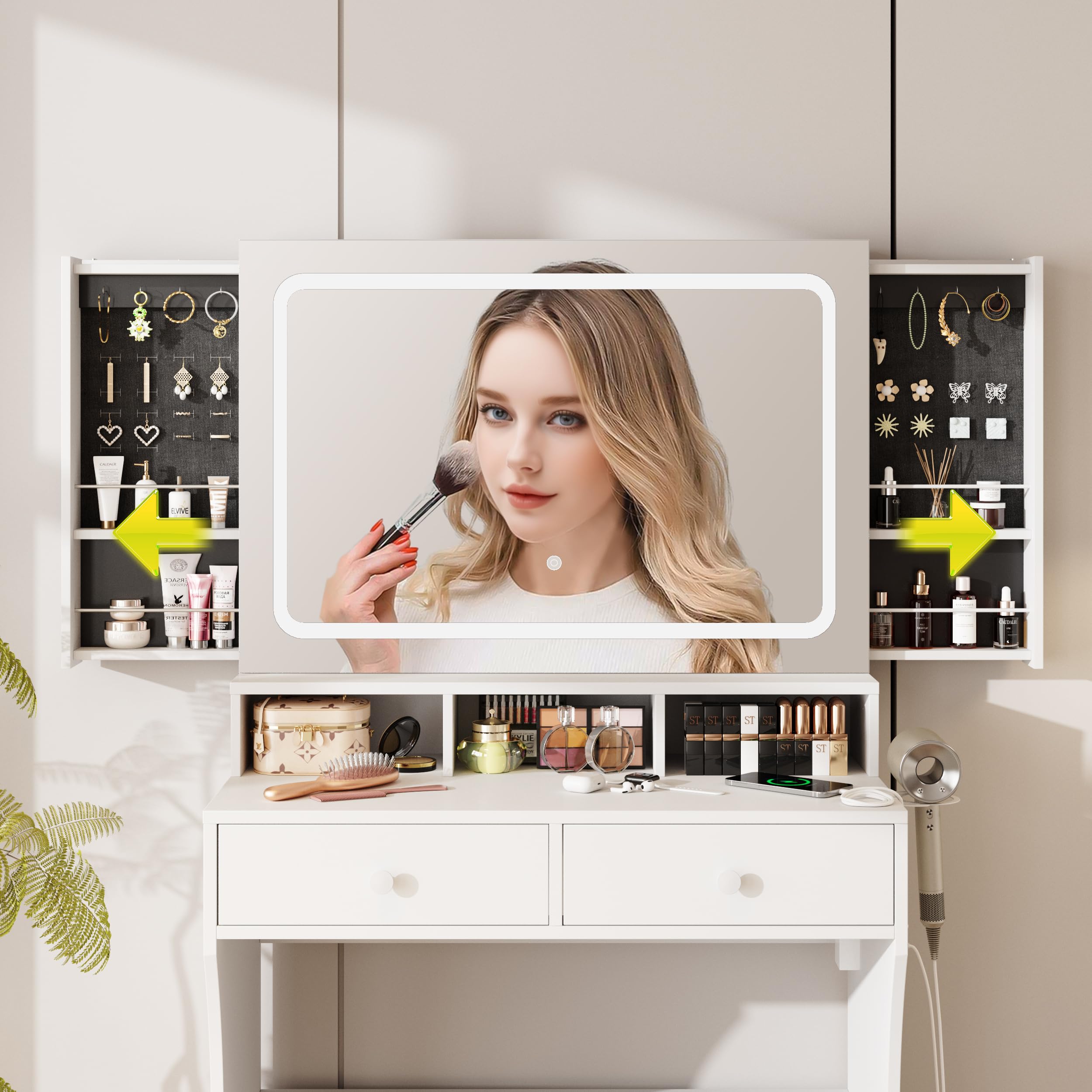 White Vanity Desk with Mirror & LED Lights - Makeup Dressing Table with Charging Station, Sliding Jewelry Storage & 3 Lighting Modes - Includes Stool & 2 Large Drawers - Perfect for Women & Girls Bedroom, Makeup Room or Dressing Area