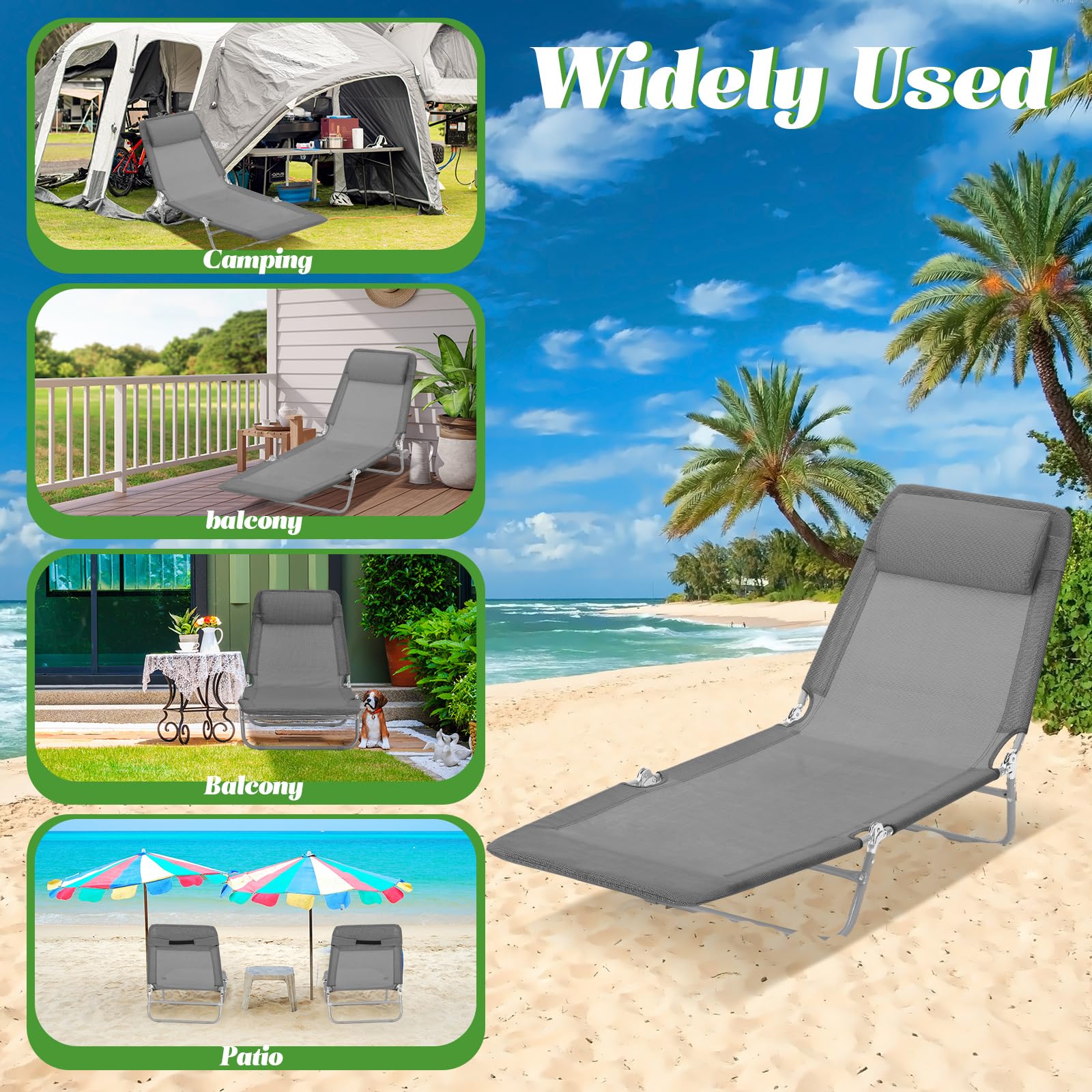 Suzile 4 Pack Folding Chaise Lounge Chairs - Adjustable 5-Position Tanning Chairs with Pillow, Waterproof & Breathable Mesh, Steel Frame - Perfect for Pool, Beach, Yard, Patio, Lawn & Outdoor Relaxation