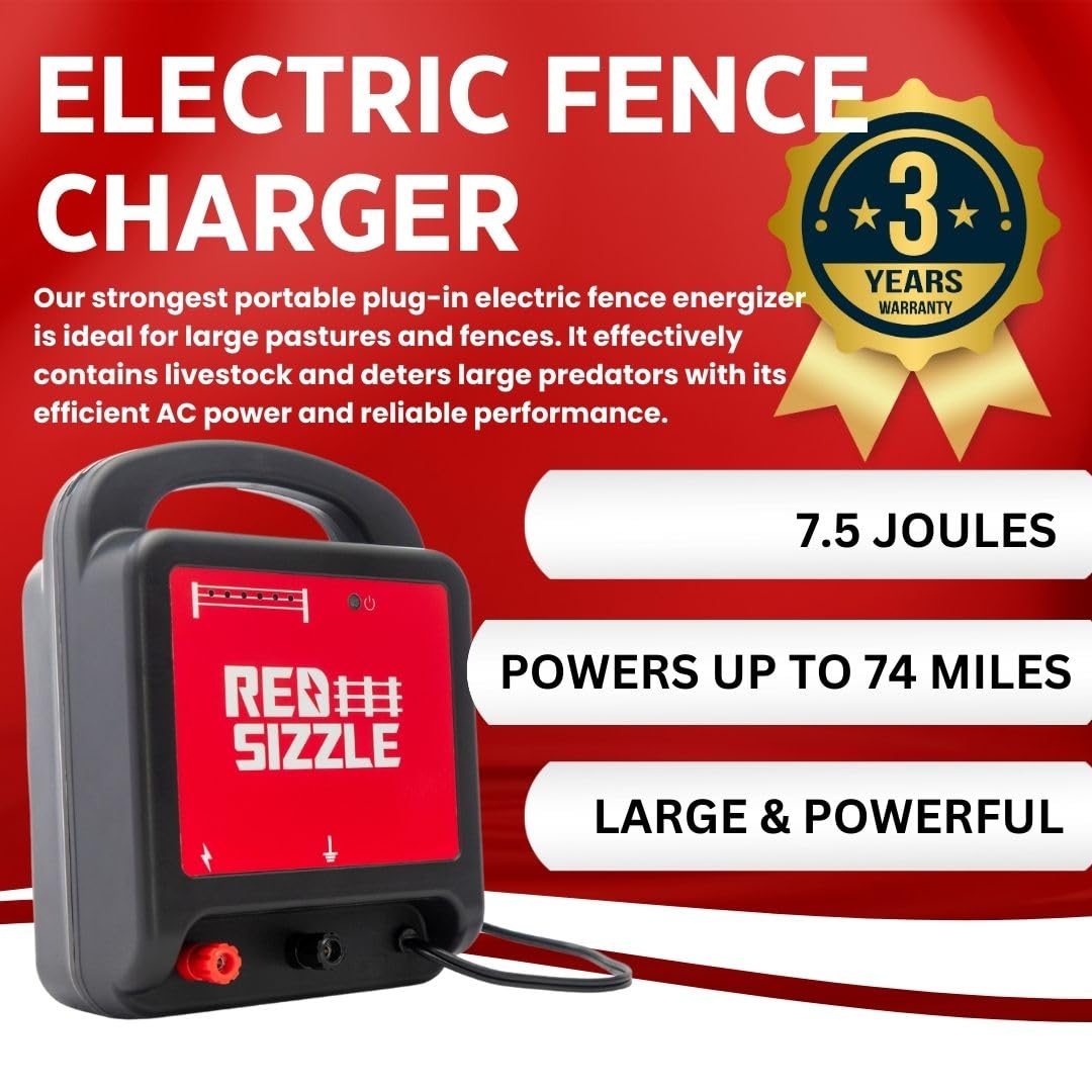 Red Sizzle 74M 7.5 Joule Electric Fence Charger - Powerful Plug-in Energizer for Large Pastures, Livestock Protection & Wildlife Deterrent (Bears, Deer) - Ideal for Farm Security & Animal Containment
