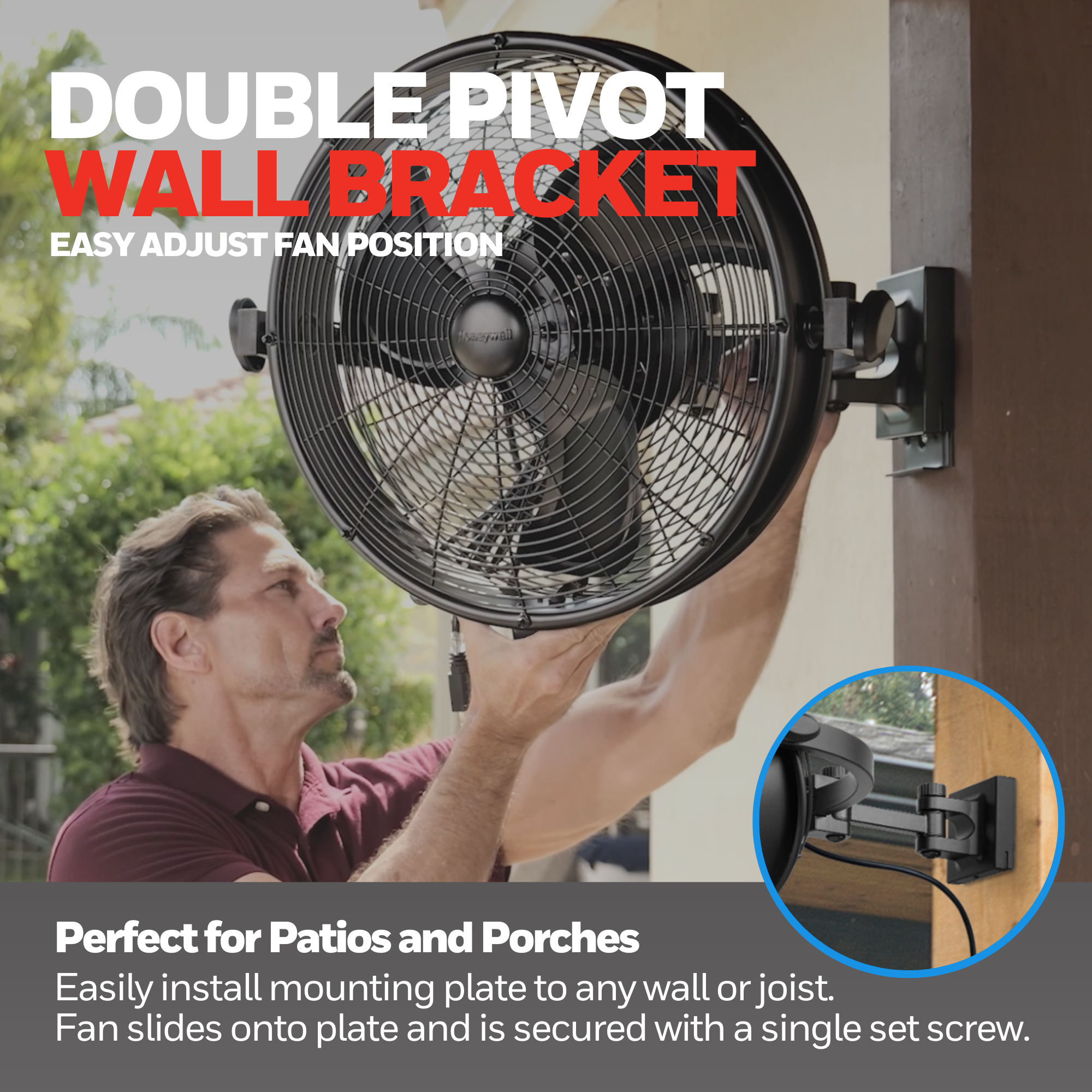 18 Inch Honeywell Indoor/Outdoor Wall Mount Fan - Black Patio Ceiling Fan with Remote Control - Perfect for Porch, Garage, and Covered Outdoor Spaces