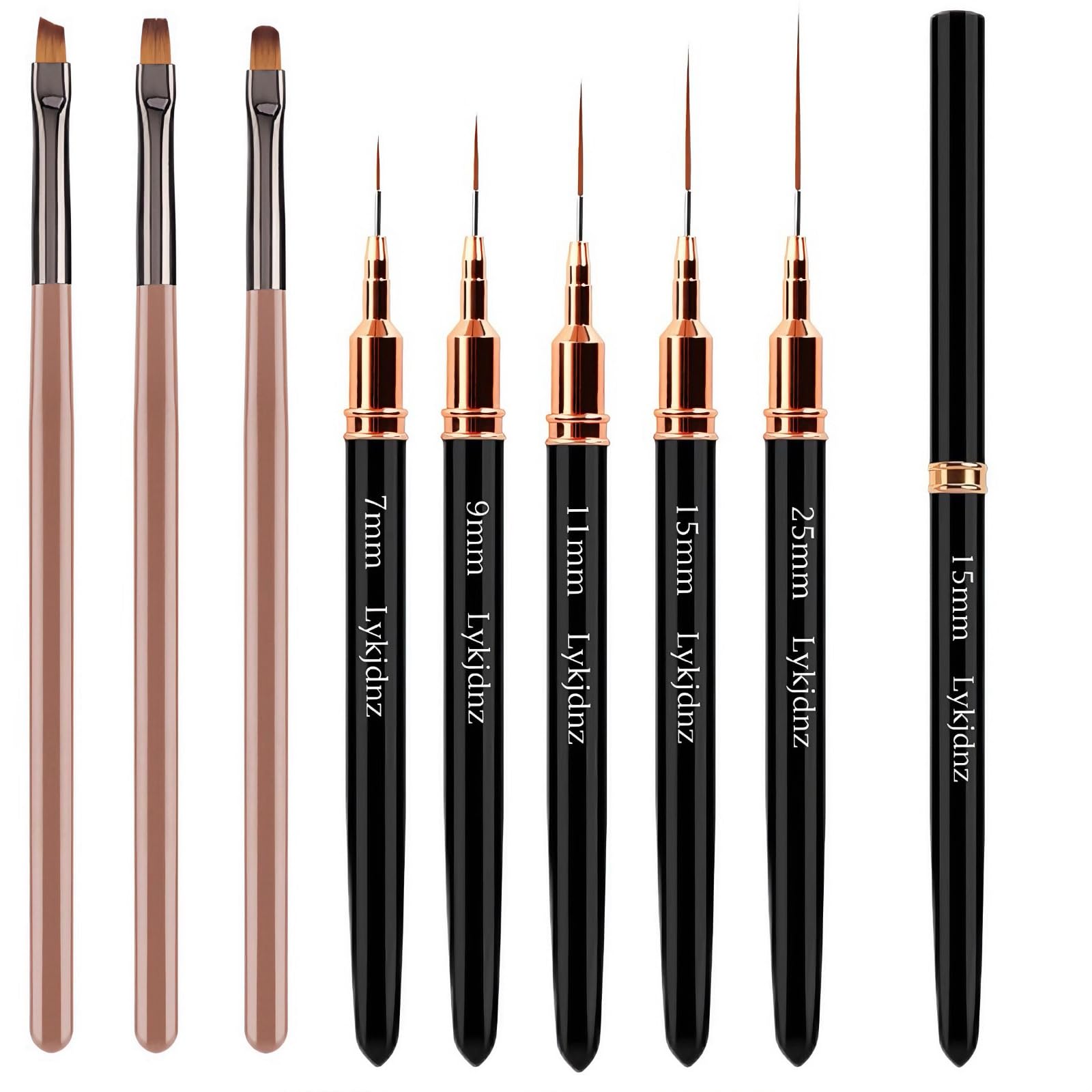 5-Piece Nail Art Liner Brush Set for Gel Polish - Ultra Thin Professional Nail Design Brushes (7/9/11/15/25mm) + 3 Clean Up Brushes for Cuticle Polish Correction - Perfect for DIY Manicure, Salon Nail Art & Gel Extension Application