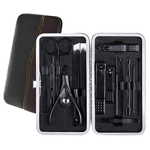 Professional 15-in-1 Stainless Steel Manicure & Pedicure Kit - Nail Clippers, Cuticle Remover, Scissors & Grooming Tools in Leather Case (Black) | Travel-Friendly Nail Care Set for Home, Salon & On-The-Go Use