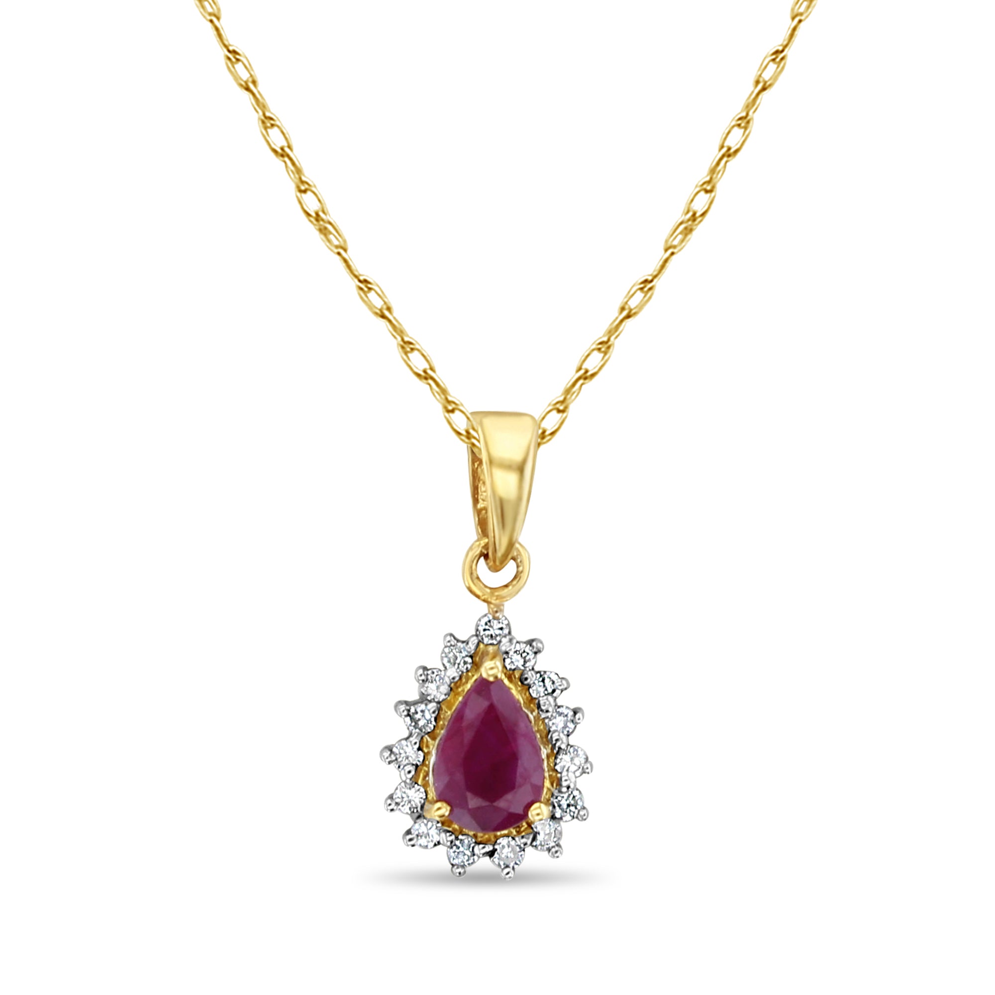 14k Yellow Gold Pear Shaped Ruby and Diamond Halo Necklace | Elegant Gift for Anniversary, Valentine's Day & Special Occasions