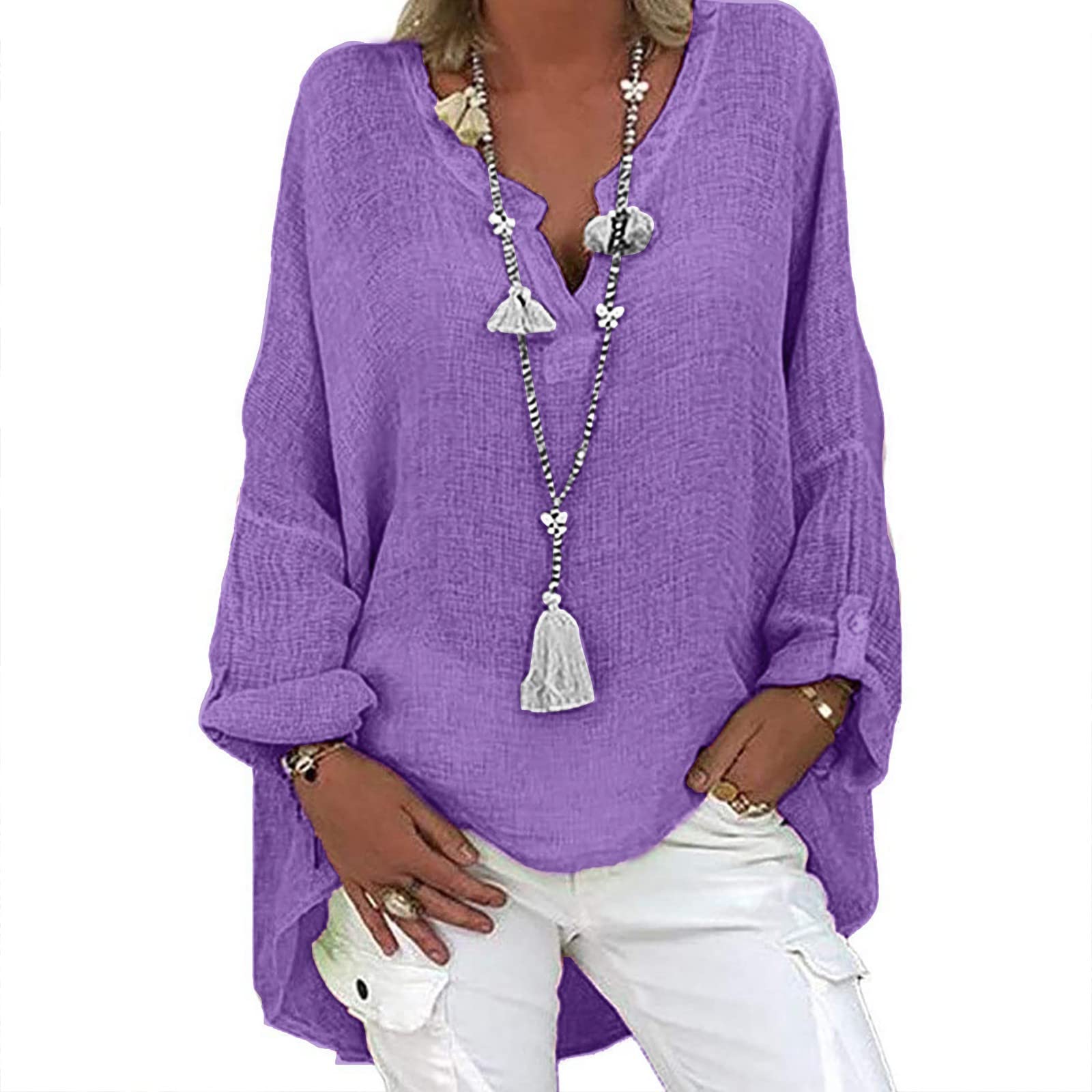 2022 Women's Long Sleeve Casual V-Neck Loose T-Shirt - Trendy Fall Tunic Blouse for Going Out, Plus Size Ladies (Perfect for Office, Date Night & Autumn Layering)