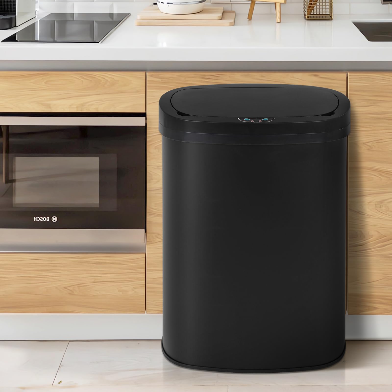 13 Gallon Automatic Touchless Stainless Steel Trash Can with Lid - 50L Durable Kitchen Garbage Bin for Home, Office, Living Room & Bedroom - Perfect for Hands-Free Waste Disposal in Modern Spaces (Black)