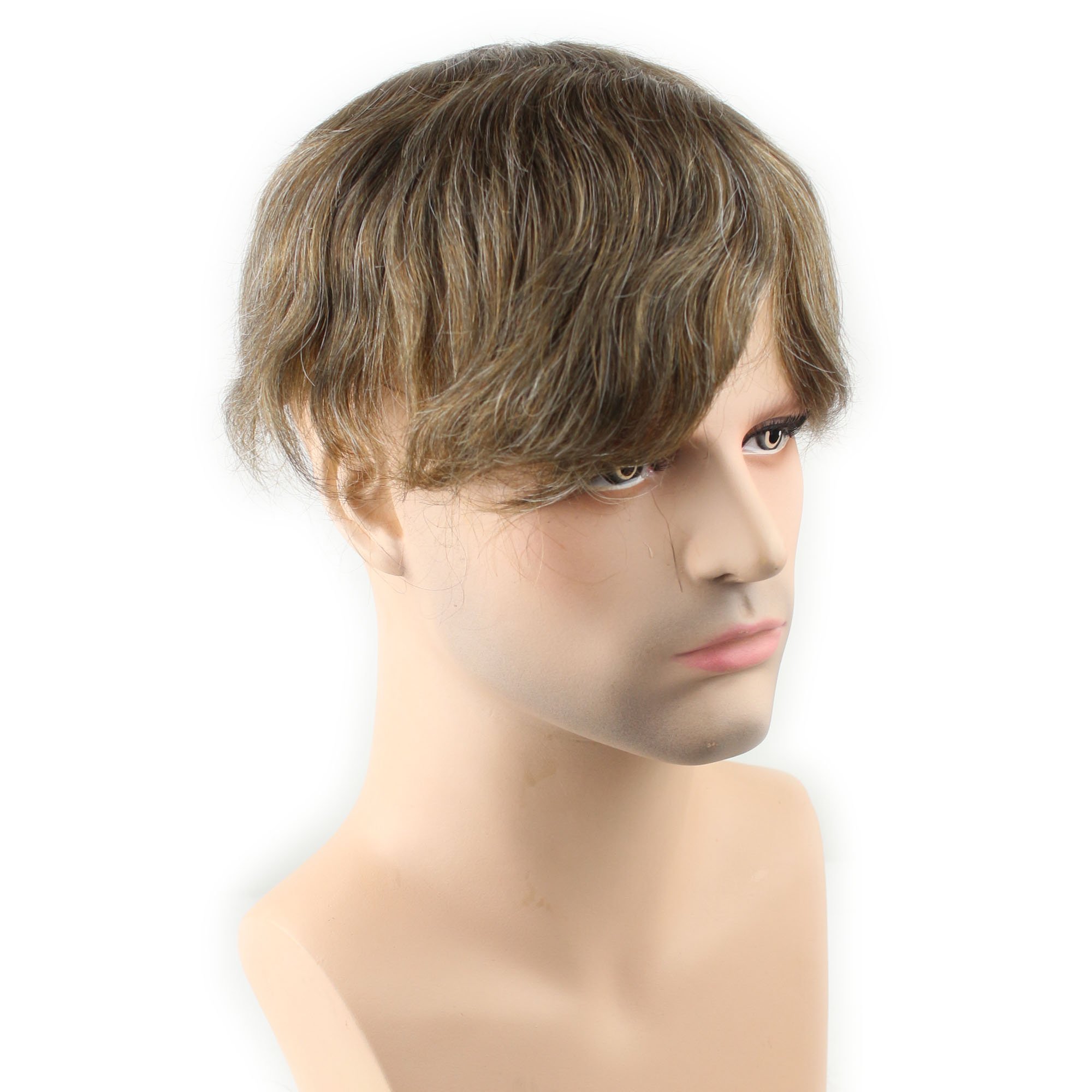 Dreambeauty Men's Toupee 10×8 Inch Human Hair Thin Skin Hairpiece - Monofilament Net Base Hair Replacement System for Men (7# Color Mix with 5% Grey Synthetic Hair) - Natural Look for Daily Wear & Special Occasions