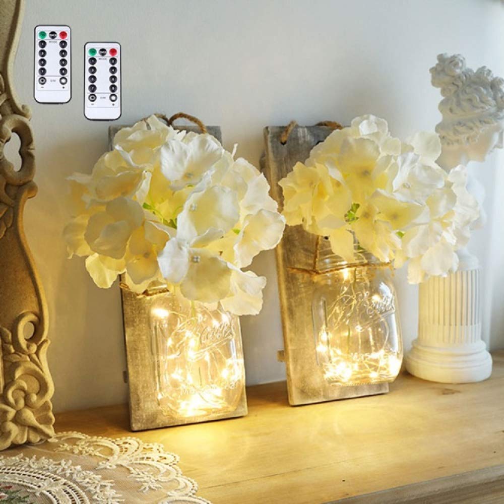 Vintage Mason Jar Wall Sconces - 2 Pack Rustic Wooden LED Fairy Lights with Remote Control, Hydrangea Flower & Green Plant Decor for Home, Kitchen, Bedroom - Grey Board with White Flowers (Perfect for Farmhouse, Cottage & Wedding Decor)