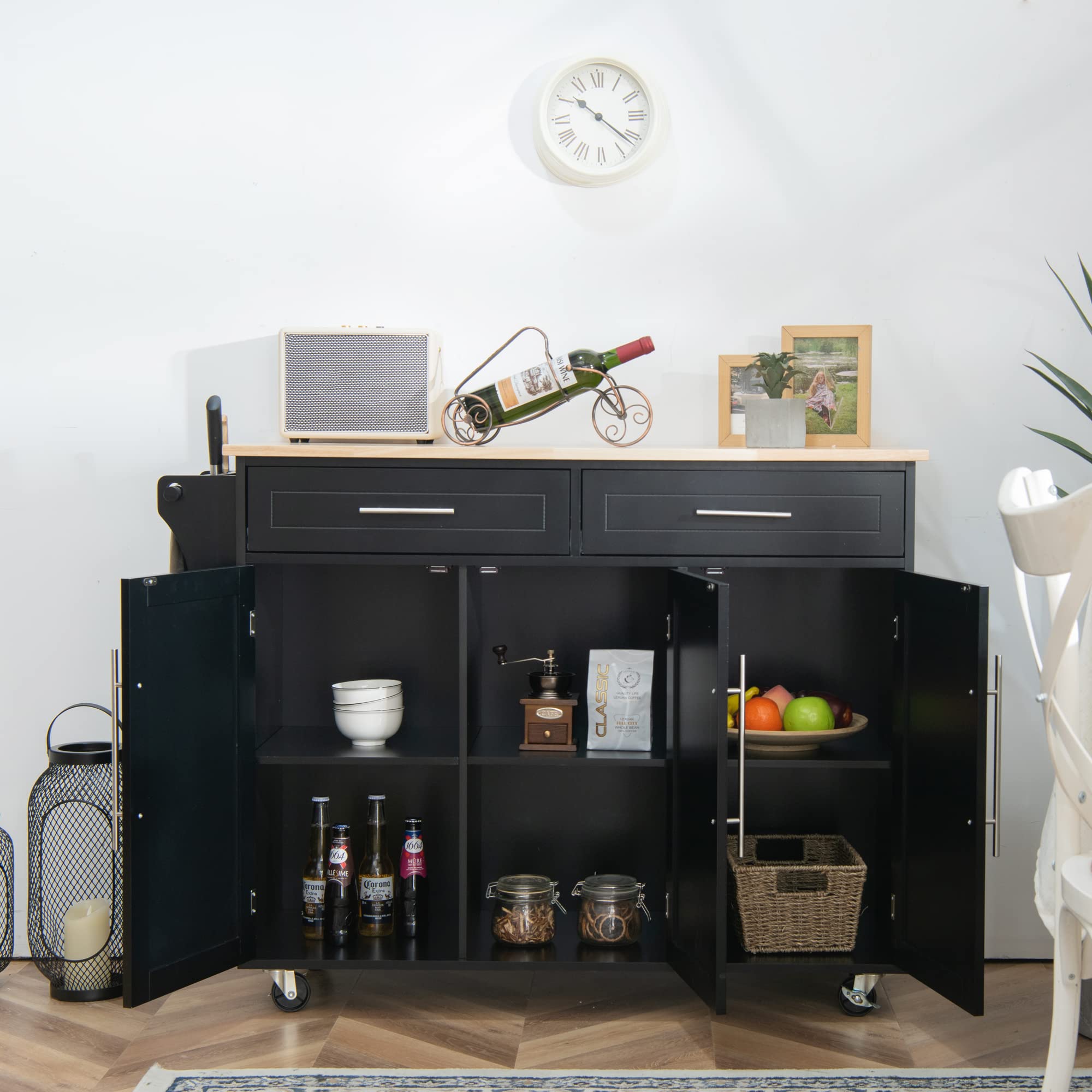 LOKO Large Kitchen Island with Storage - Portable Rolling Kitchen Cart with Rubber Wood Countertop, Adjustable Shelves & Universal Casters - 49 x 18.11 x 36.61 Inches - Perfect for Small Kitchens, Food Prep, and Extra Counter Space