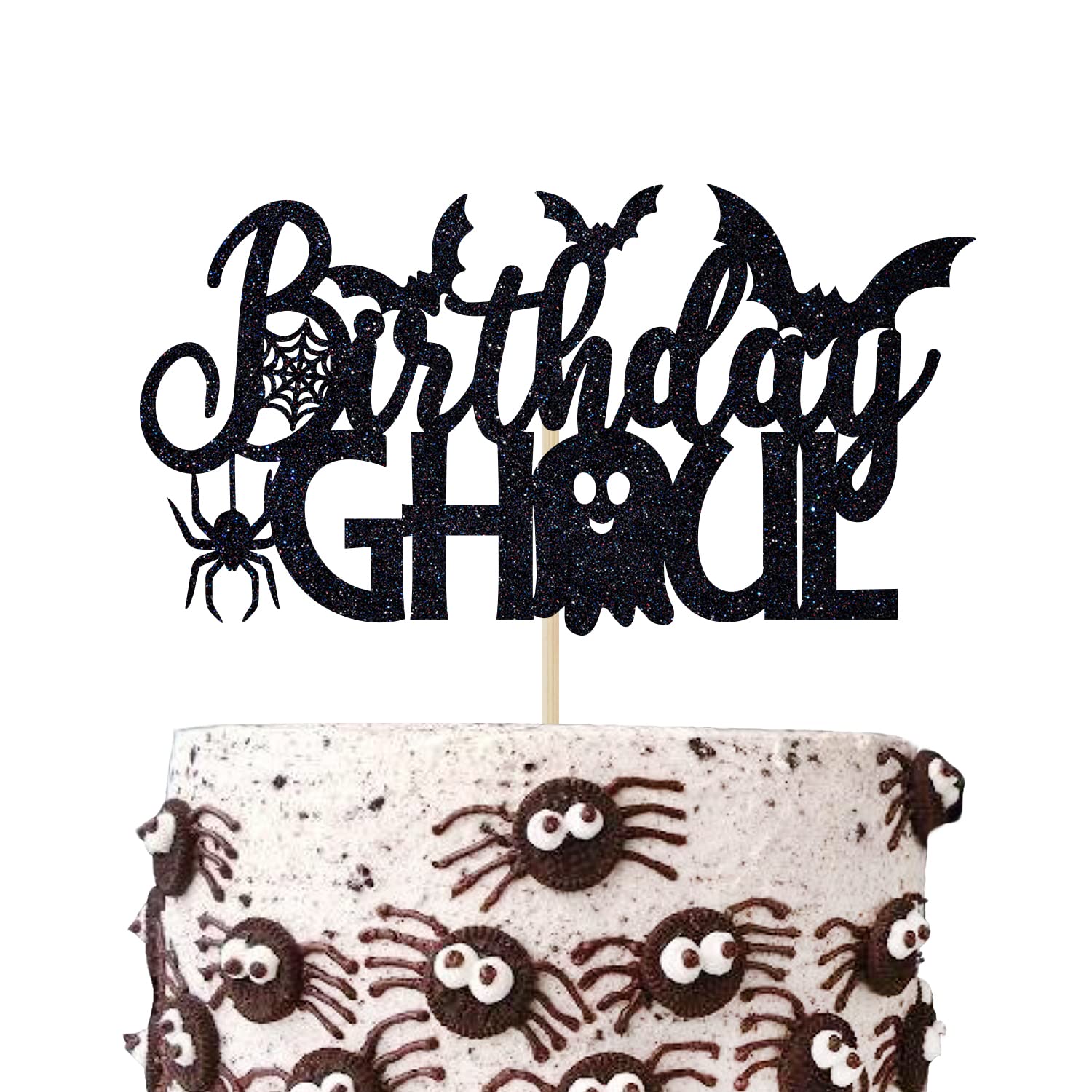 Black Glitter Birthday Ghoul Cake Topper - Happy Halloween Ghost Cake Decor for Birthday Parties, Halloween Celebrations & Spooky Themed Events - Perfect for Cake Decoration, Party Supplies & Festive Dessert Toppings