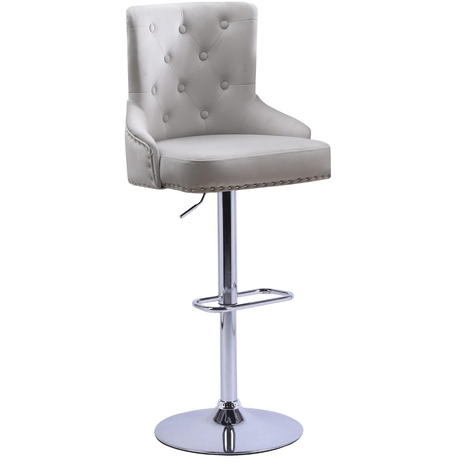 Modern Velvet Bar Stools Set of 4 - Adjustable Height High Back Counter Stools for Kitchen Island, Pub, Bar & Dining Room - Light Grey Upholstered Seating for Home & Commercial Use