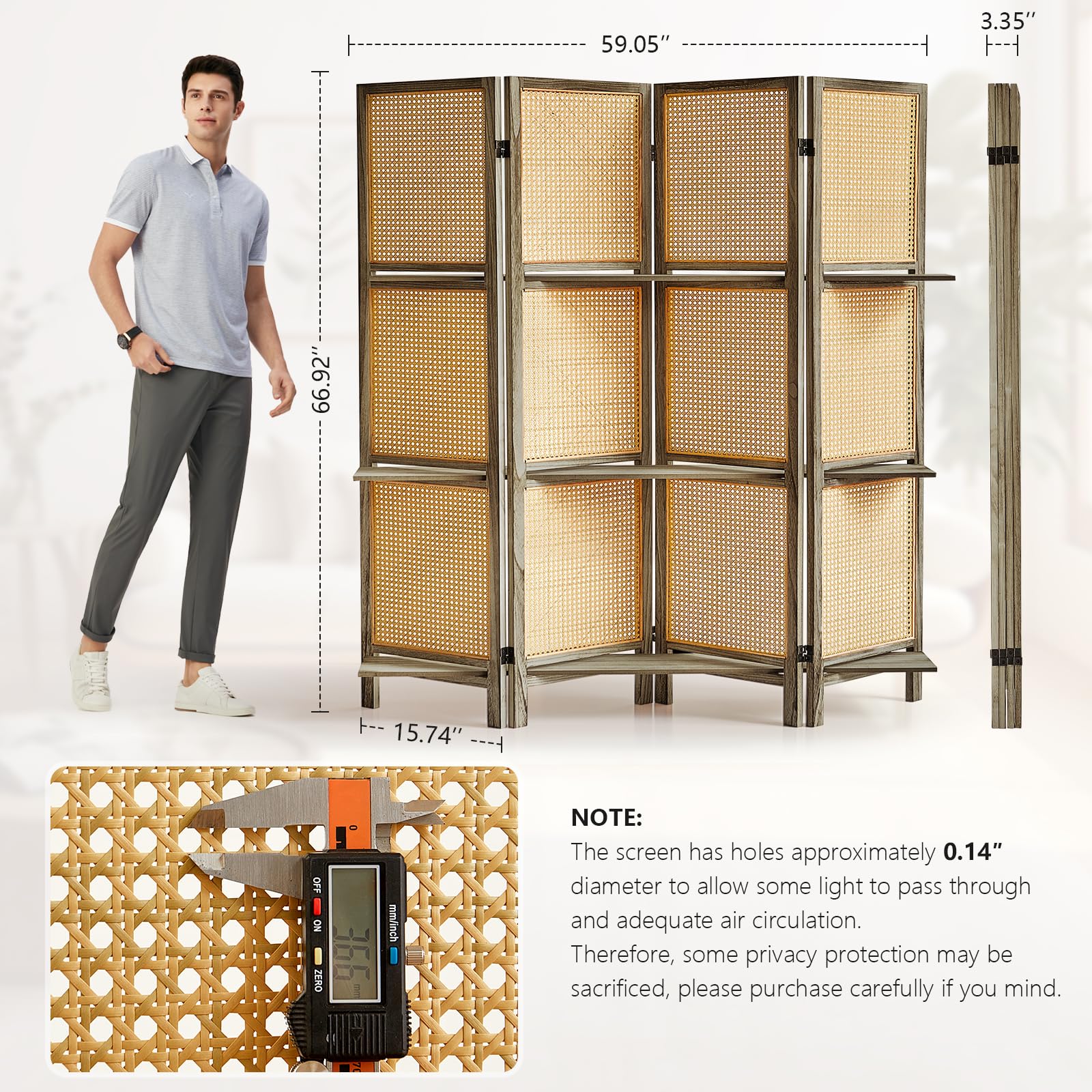 4 Panel Wooden Room Divider with Shelves - Foldable Rattan Privacy Screen, Portable Partition for Home & Office - Perfect for Room Separation, Dressing Room, Studio, or Event Decoration (Brown)