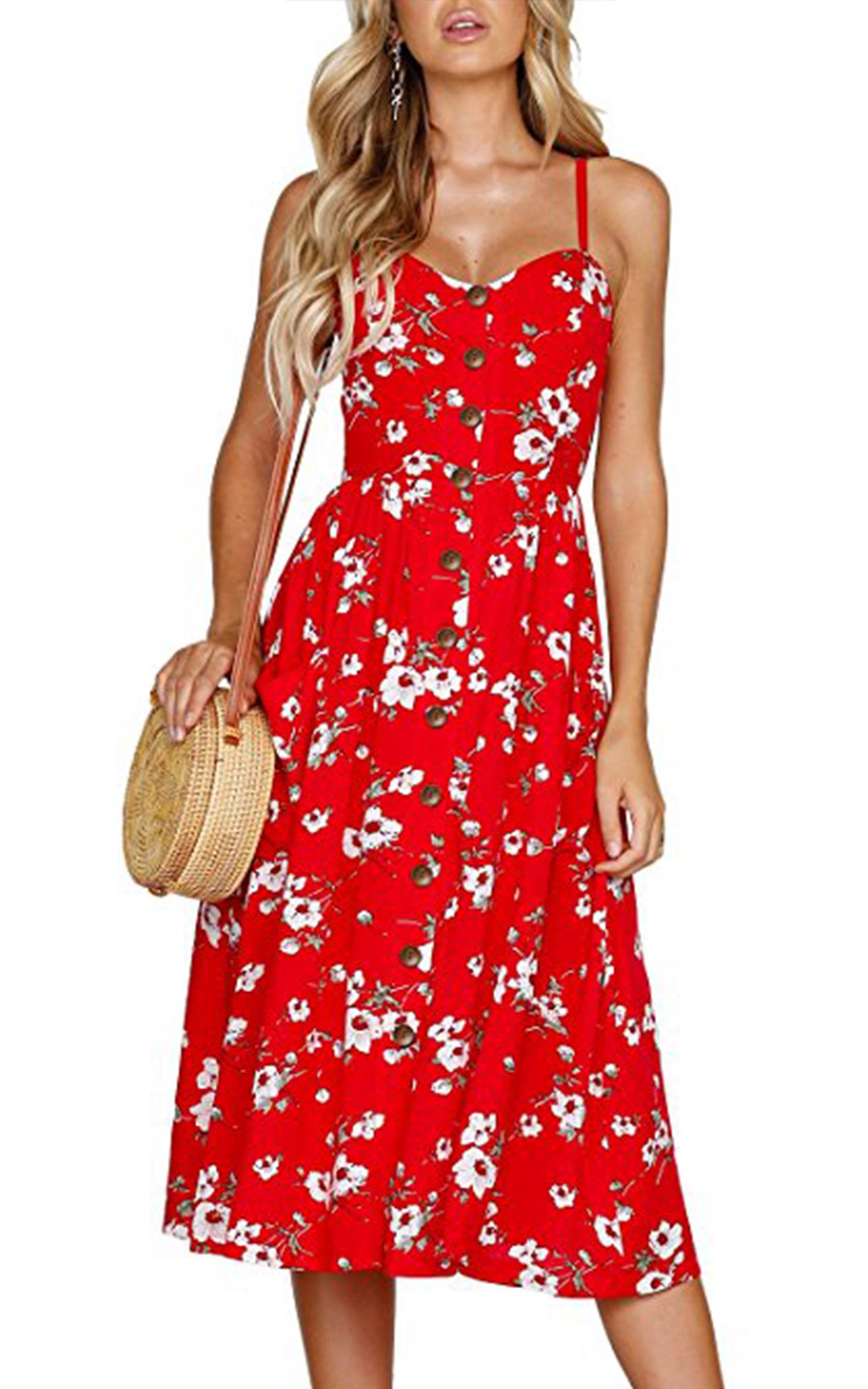 Angashion Women's Floral Bohemian Spaghetti Strap Button Down Swing Midi Dress - Summer Casual Sundress for Beach, Vacation & Date Night