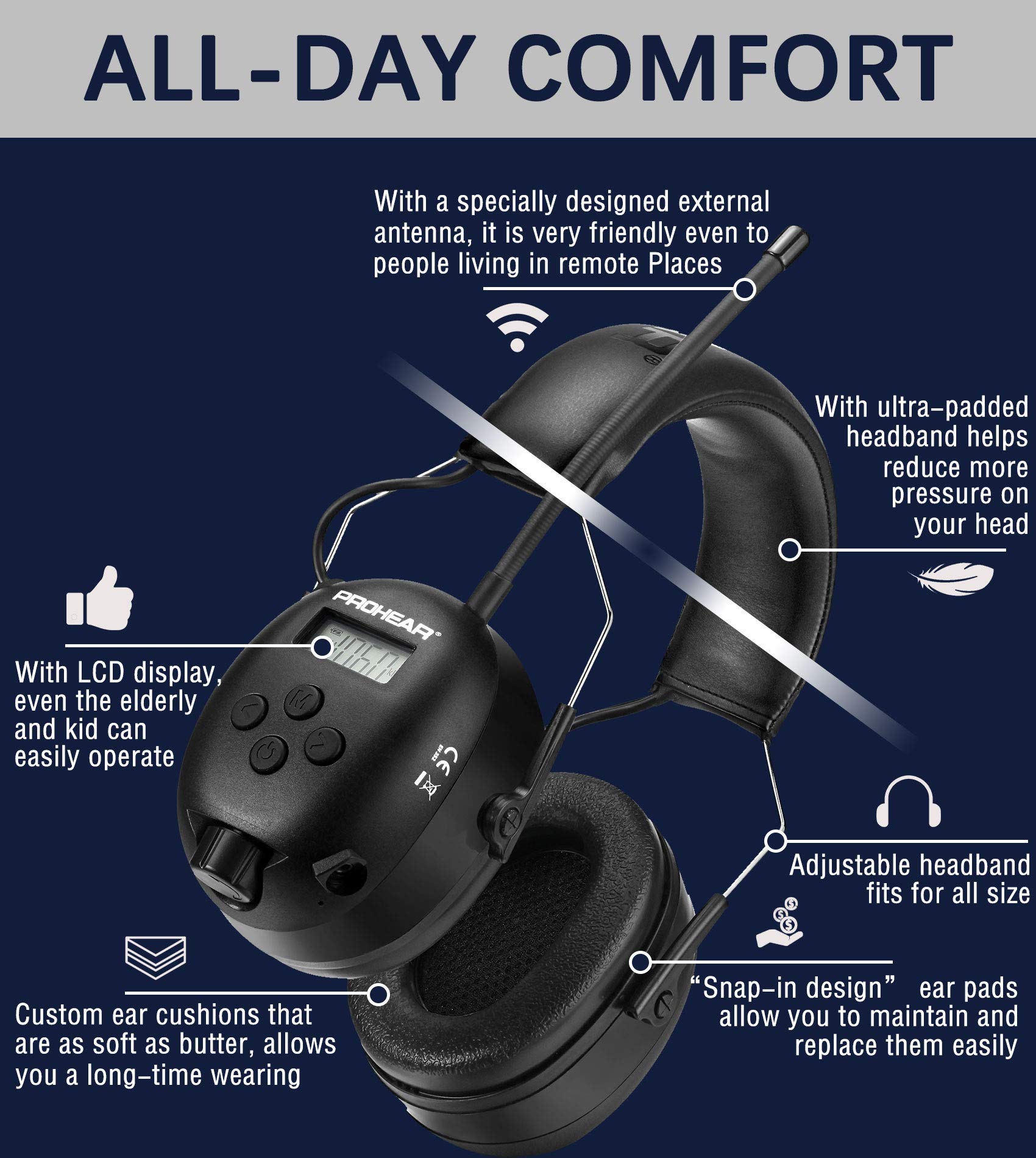 PROHEAR 033 Upgraded Bluetooth Hearing Protection Headphones with GEP01 Gel Ear Pads - Noise Cancelling Wireless Earmuffs for Shooting, Construction & Industrial Work (Compatible with 3M PELTOR Headsets)