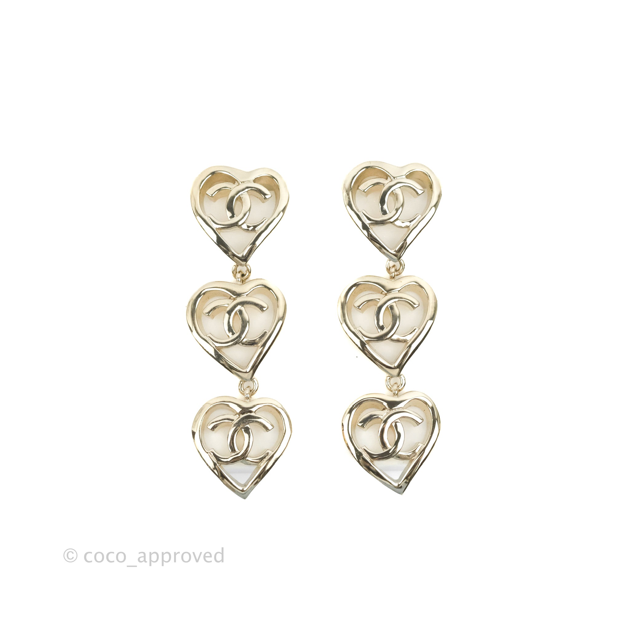 Chanel CC Triple Heart Drop Earrings in Gold Tone - Elegant Long Dangle Earrings for Women | Perfect for Parties, Weddings & Special Occasions