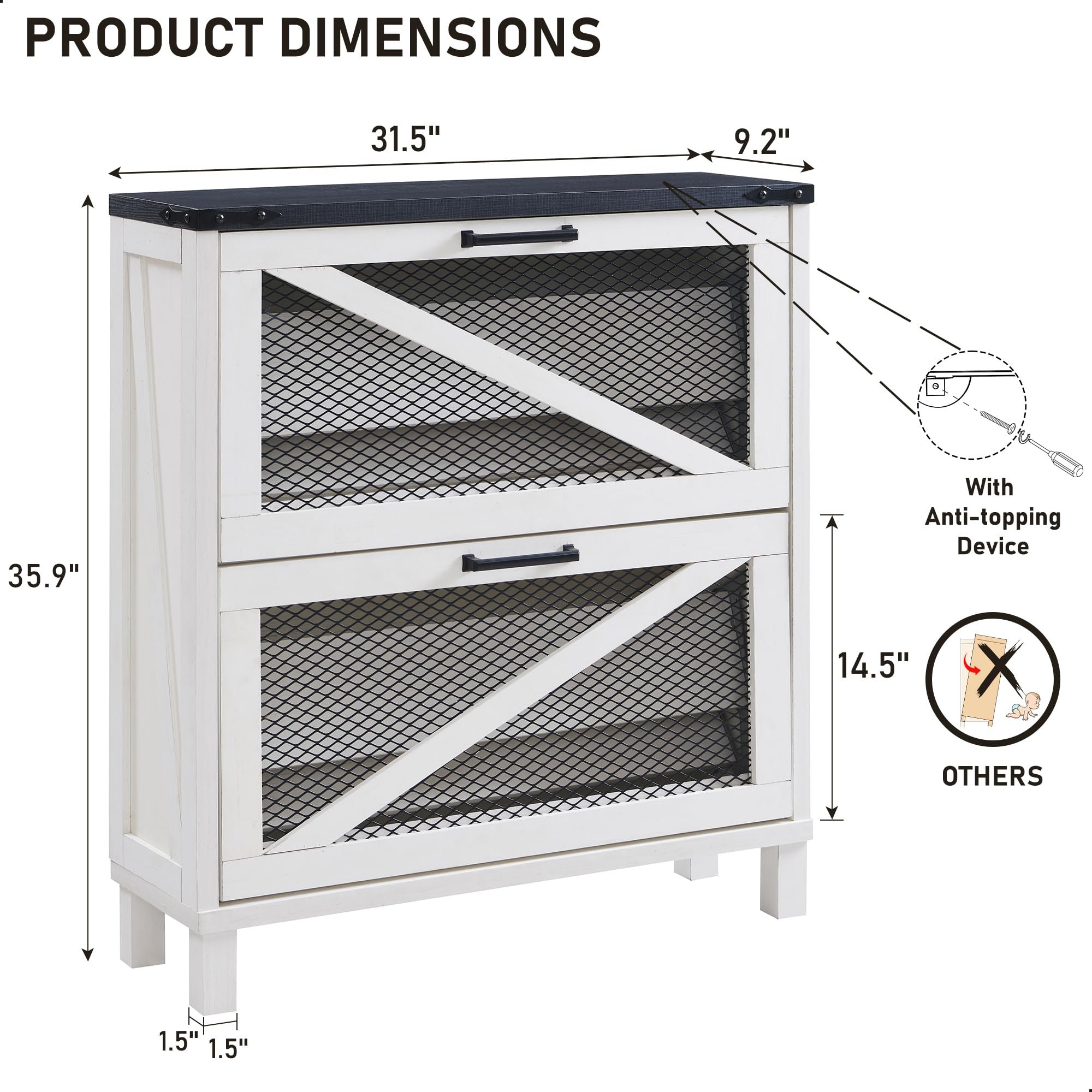 Farmhouse Shoe Cabinet with 2 Flip Drawers - Rustic Wooden Shoe Organizer with Mesh Doors & Adjustable Shelves - Entryway Shoe Storage for Small Spaces - Perfect for Hallway, Closet or Mudroom Organization (White)