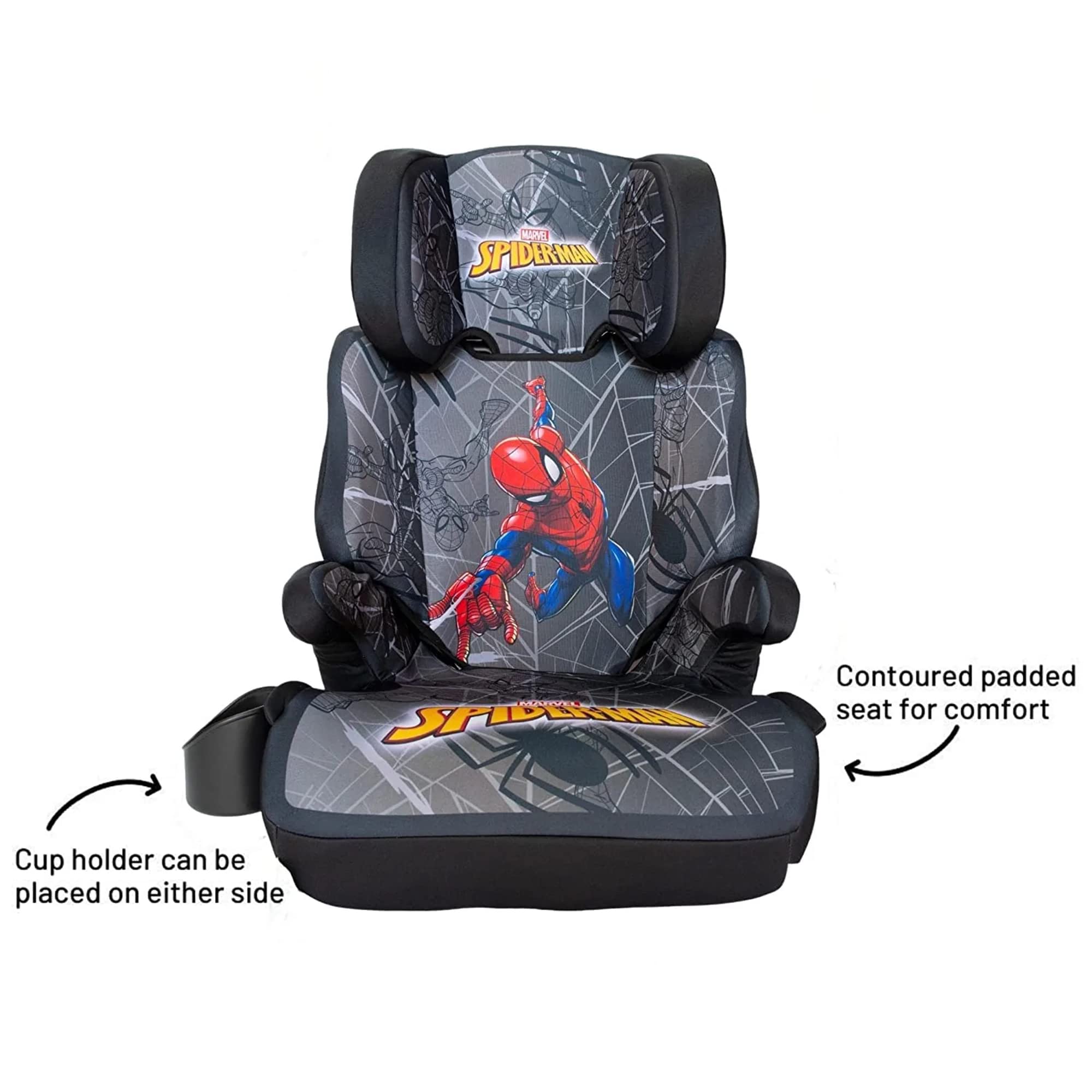 KidsEmbrace Marvel Spider-Man High Back Booster Car Seat - Grey Web Design | Safe & Comfortable for Toddlers | Perfect for Family Road Trips & Daily Commutes