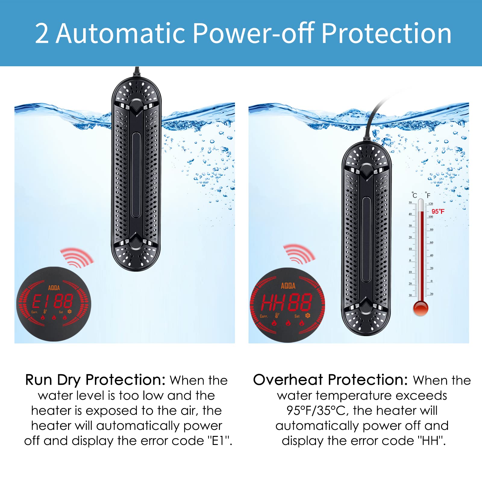 AQQA 800W Submersible Aquarium Heater with LED Display - Explosion-Proof Quartz Tubes for 80-220 Gallon Fish Tanks (Saltwater & Freshwater) - Perfect for Marine & Tropical Fish Tanks