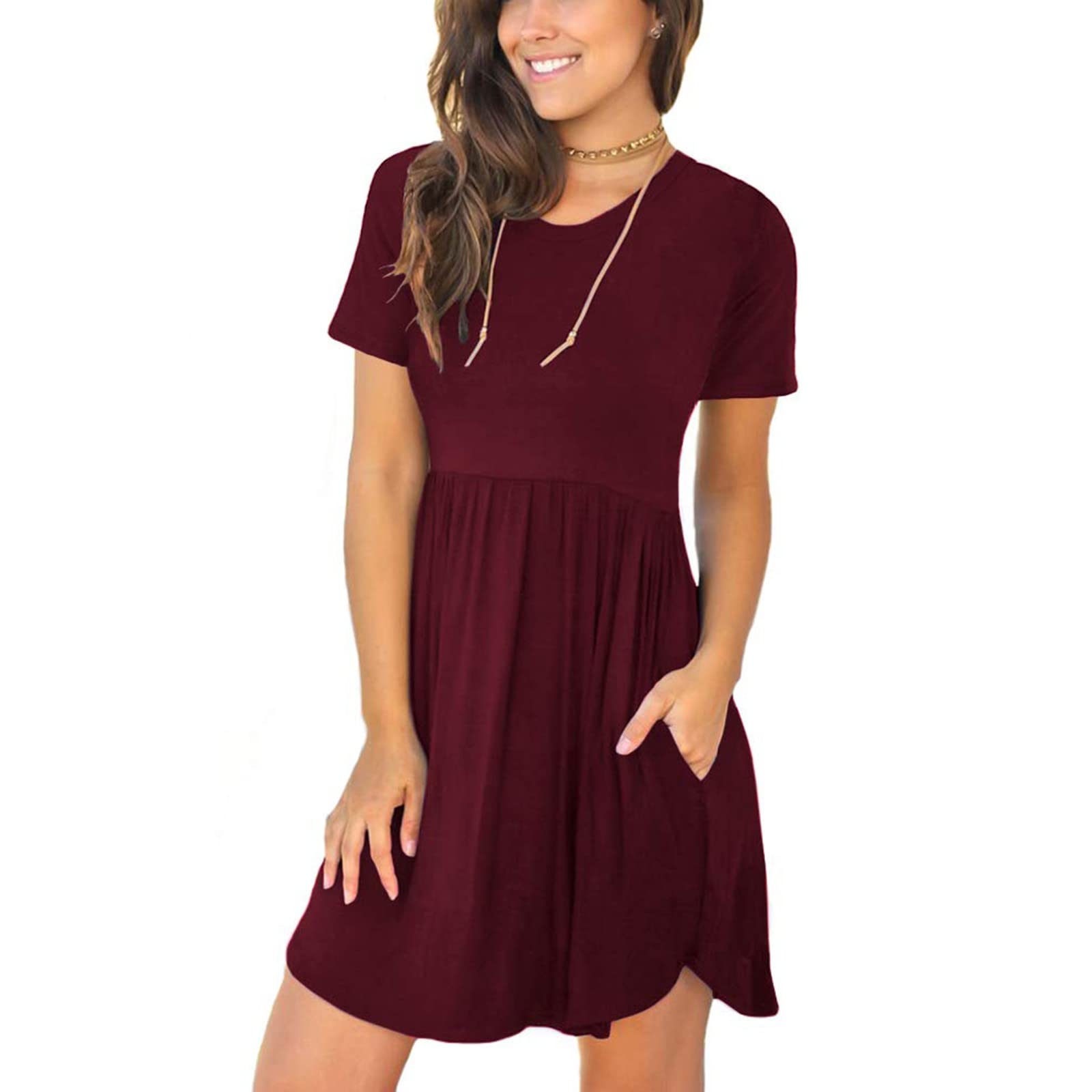 Women's T-Shirt Dress with Fashion Print Pocket - Round Neck Short Sleeve Summer Casual Mini Dress - Empire Waist Flowy Design for Beach, Vacation & Everyday Wear