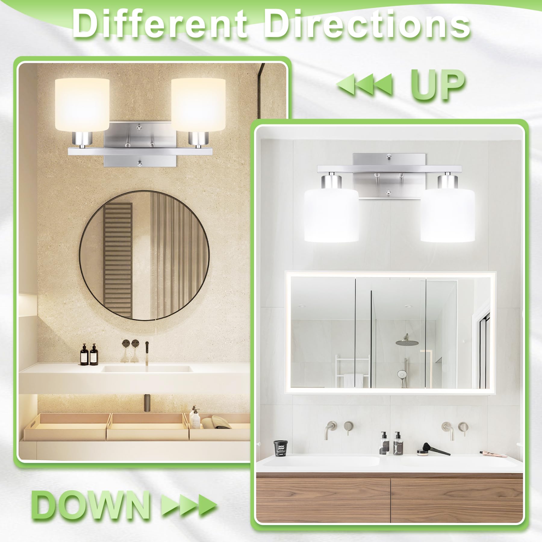 Modern 2-Light Bathroom Vanity Fixture - Brushed Nickel with Milky Glass Shades, E26 Socket - Perfect for Bedroom & Living Room Lighting