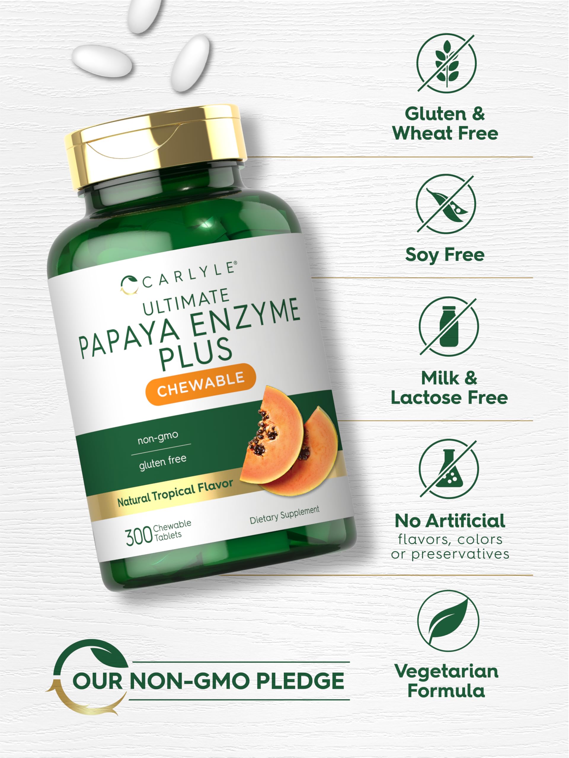 Carlyle Papaya Enzyme Chewable Tablets 60 Count | Vegetarian, Non-GMO, Gluten Free Digestive Support | Tropical Fruit Flavor for Heartburn Relief & Bloating - Perfect for After Meals & Travel