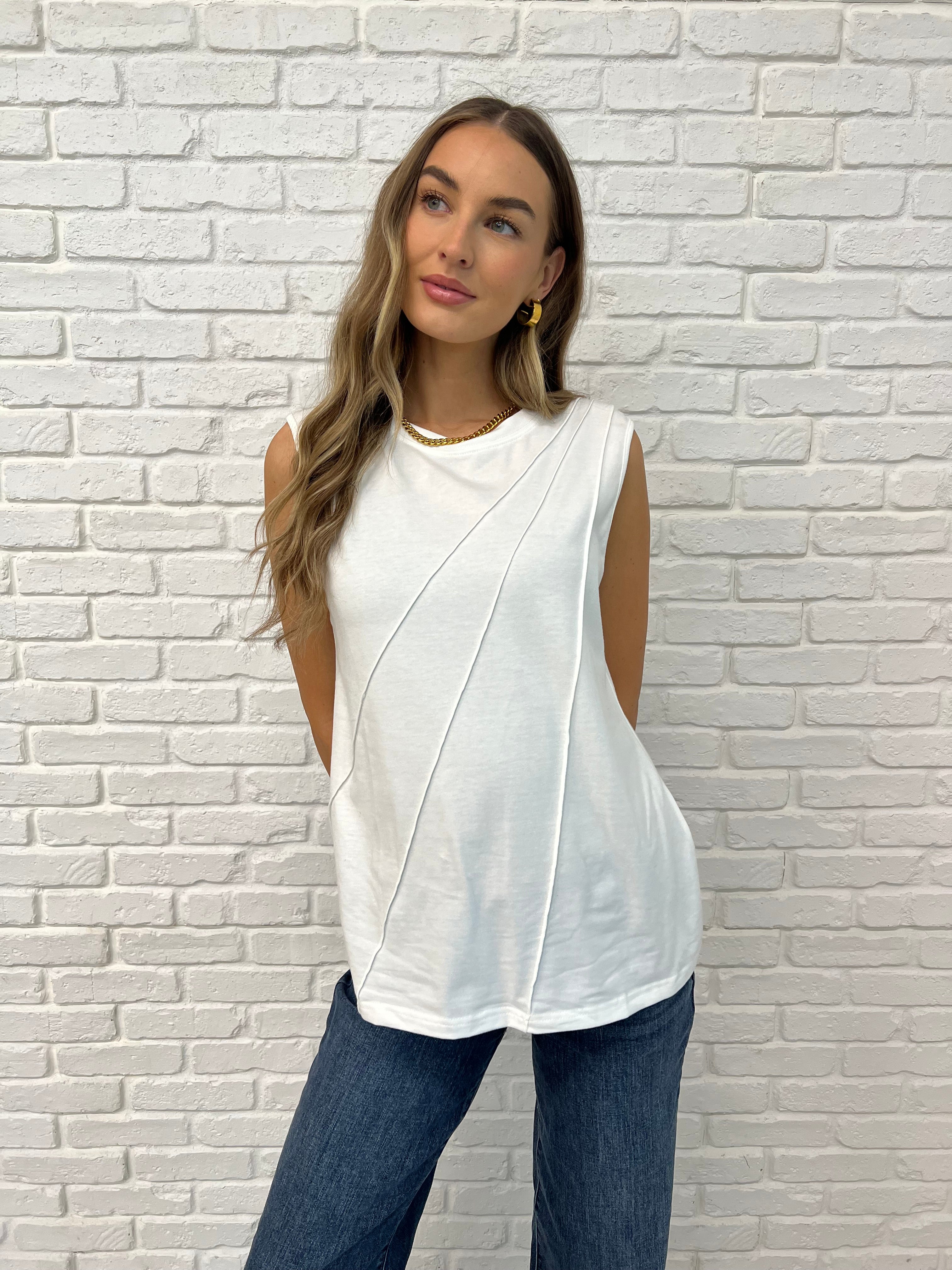 New Normal Pleat Detail Sleeveless Top in White | Women's Fashion Blouse | Perfect for Summer, Office Wear & Casual Outfits