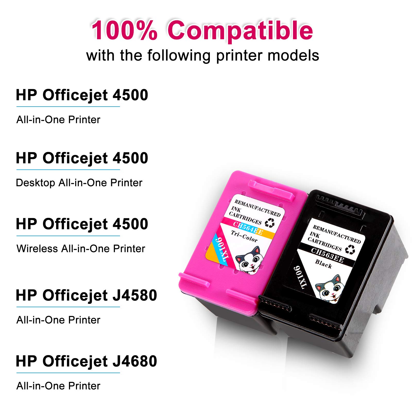 High-Quality CLOAK CAT Remanufactured HP 901 XL Ink Cartridges - Compatible with HP Officejet 4500 J4580 J4680 All-in-One Printers (Black & Tri-Color Pack) - Perfect for Home Office Printing, School Projects & Small Business Documents