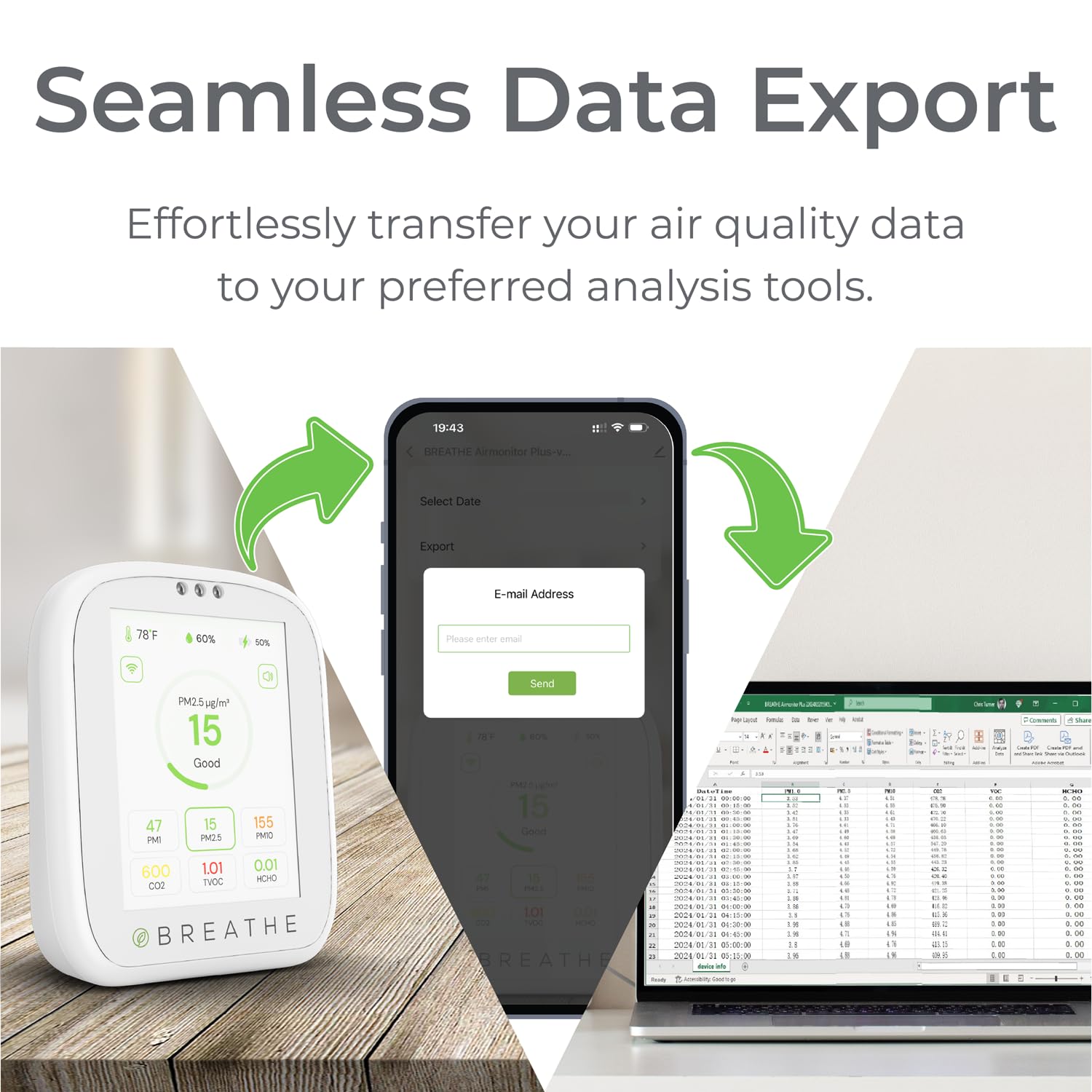 BREATHE Airmonitor Plus: 8-in-1 Smart Indoor Air Quality Monitor - CO2 Meter, Formaldehyde Detector, VOC Sensor, PM1/2.5/10, Temperature & Humidity Gauge with Mobile App - Perfect for Home, Office, Nursery & Bedroom Air Quality Testing