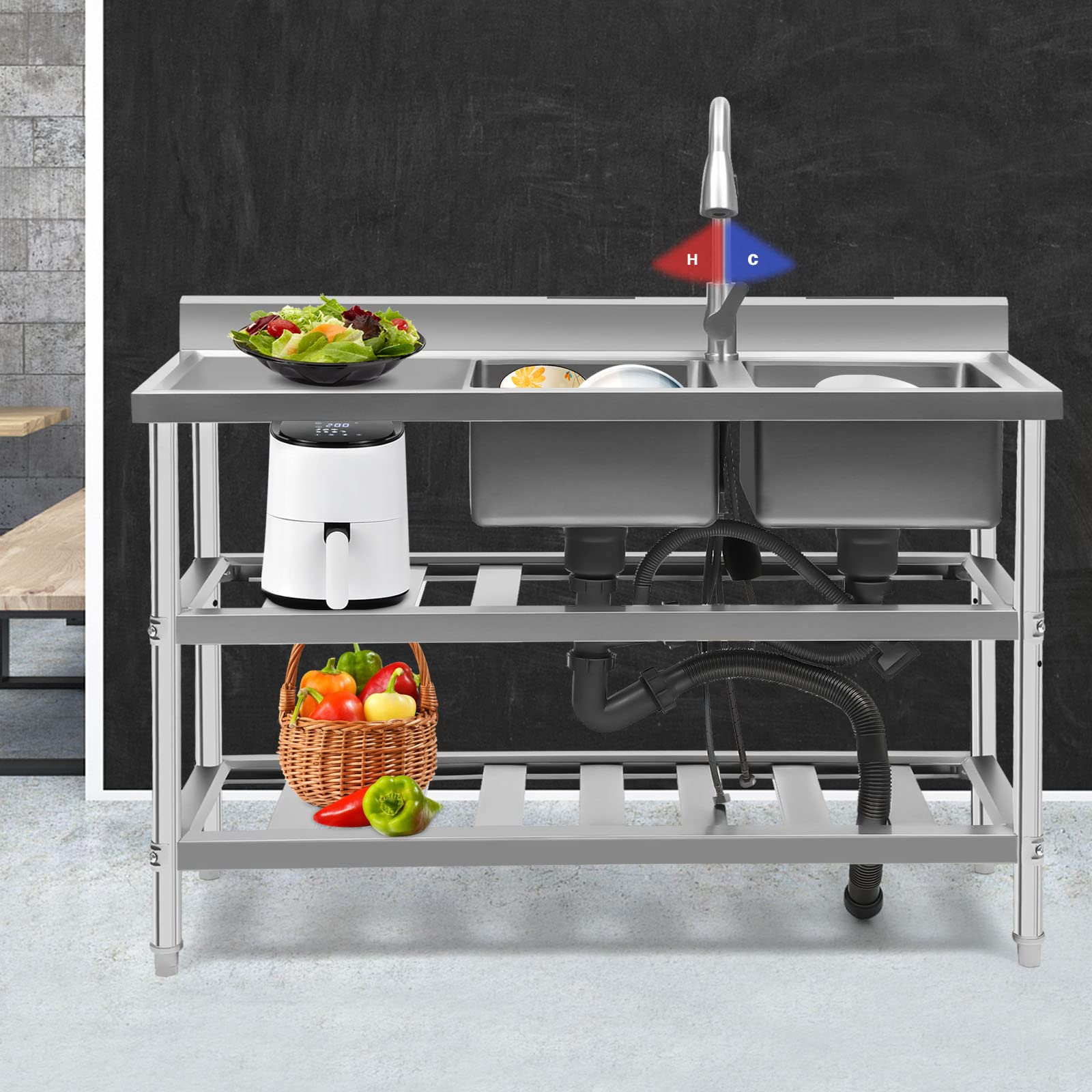 Commercial Stainless Steel Utility Sink - Double Bowl Restaurant Kitchen Sink with Strainer, 201 Stainless Steel Freestanding Rectangular Sink for Food Prep, Dishwashing & Commercial Kitchens