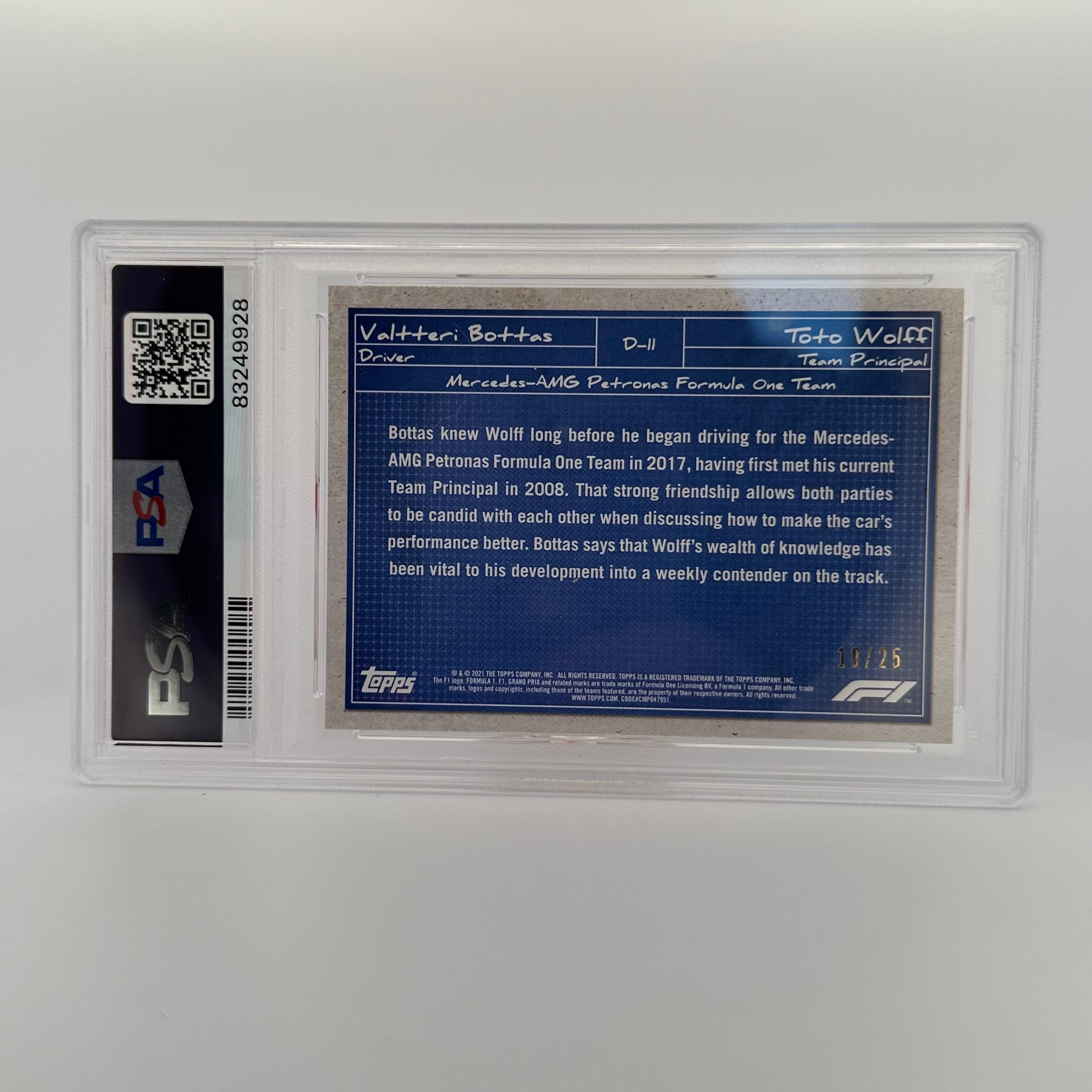 PSA 9 Graded 19/25 Valtteri Bottas & Toto Wolff Debrief #D11 Orange - Rare F1 Collectible for Motorsport Fans & Memorabilia Display