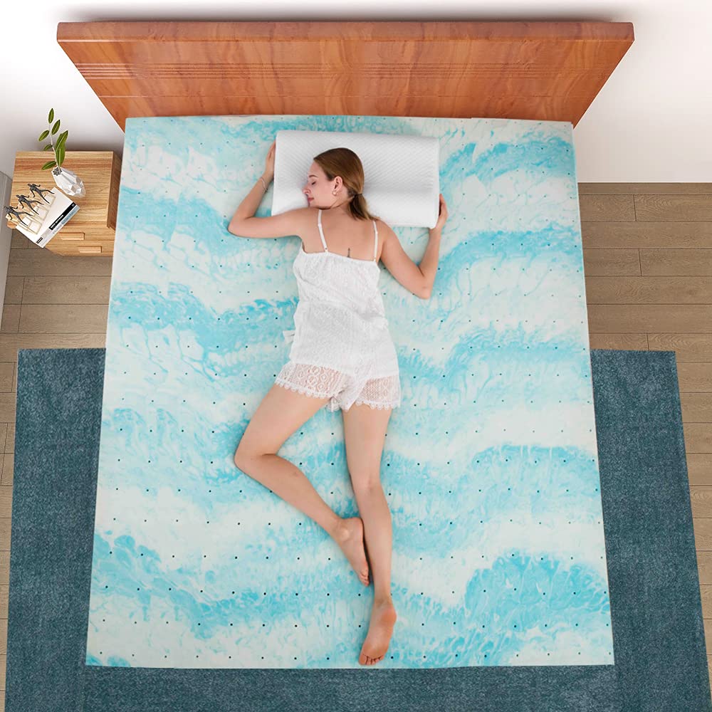 IULULU 3 Inch Cooling Gel Memory Foam Mattress Topper - King Size, Breathable & Hypoallergenic, Blue, Tear Resistant - Perfect for Back Pain Relief & Hot Sleepers, Bedroom Comfort Upgrade
