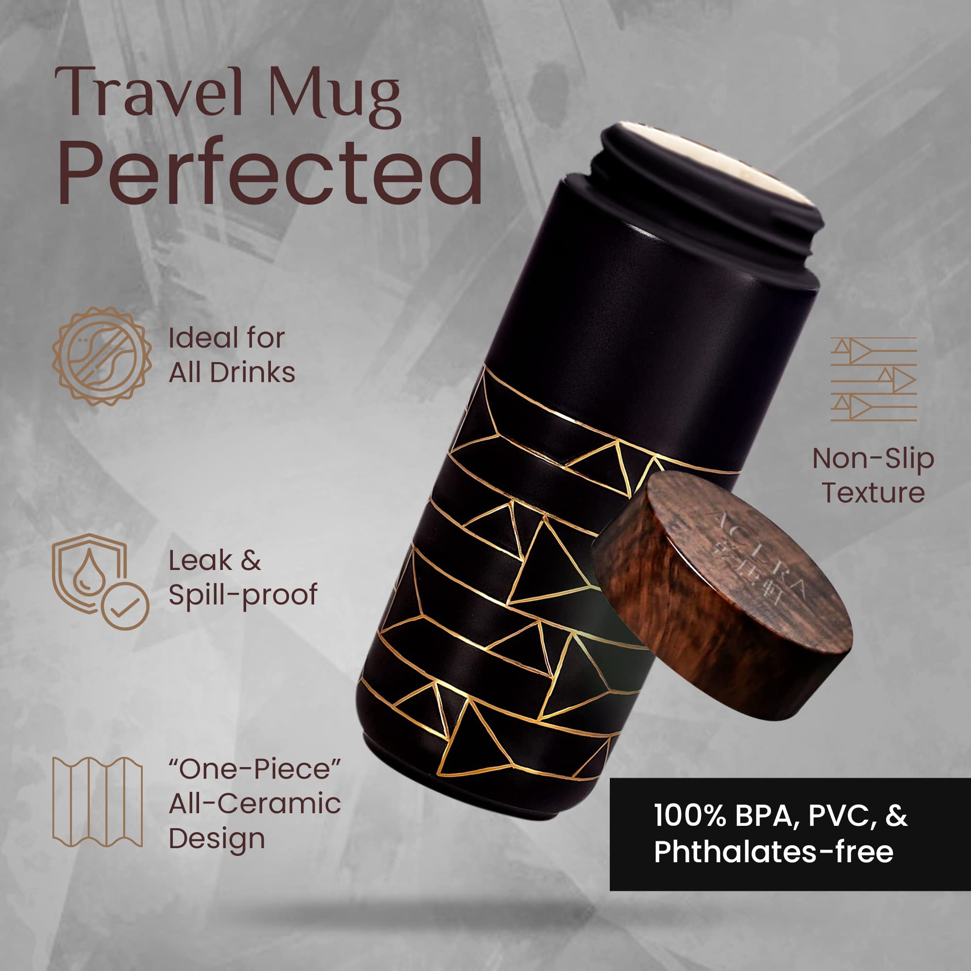 ACERA Liven - Premium Double Wall Insulated Travel Mug with Leak-Proof Lid | Ceramic Tourmaline Water Bottle for Coffee, Tea & Juice | Thermal Tumbler for Office, Gym & Outdoor Adventures (Black)