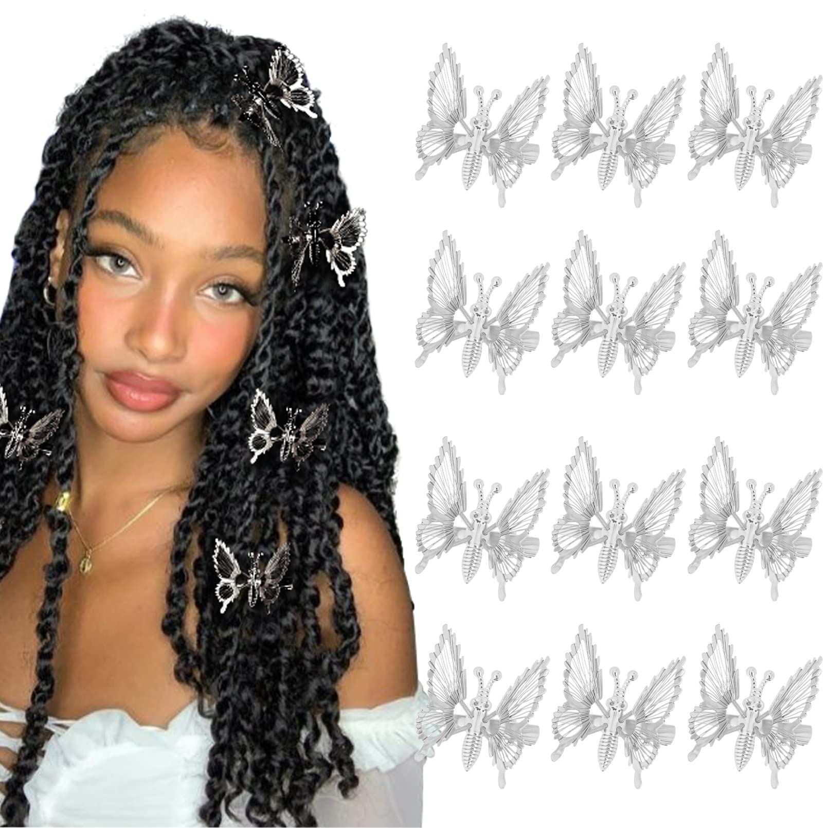 DEEKA 12 PCS 3D Moving Butterfly Hair Clips - Silver Metal Hair Accessories with Moving Wings for Women and Girls | 90s Vintage Style Barrettes | Perfect for Parties, Weddings, and Everyday Fashion