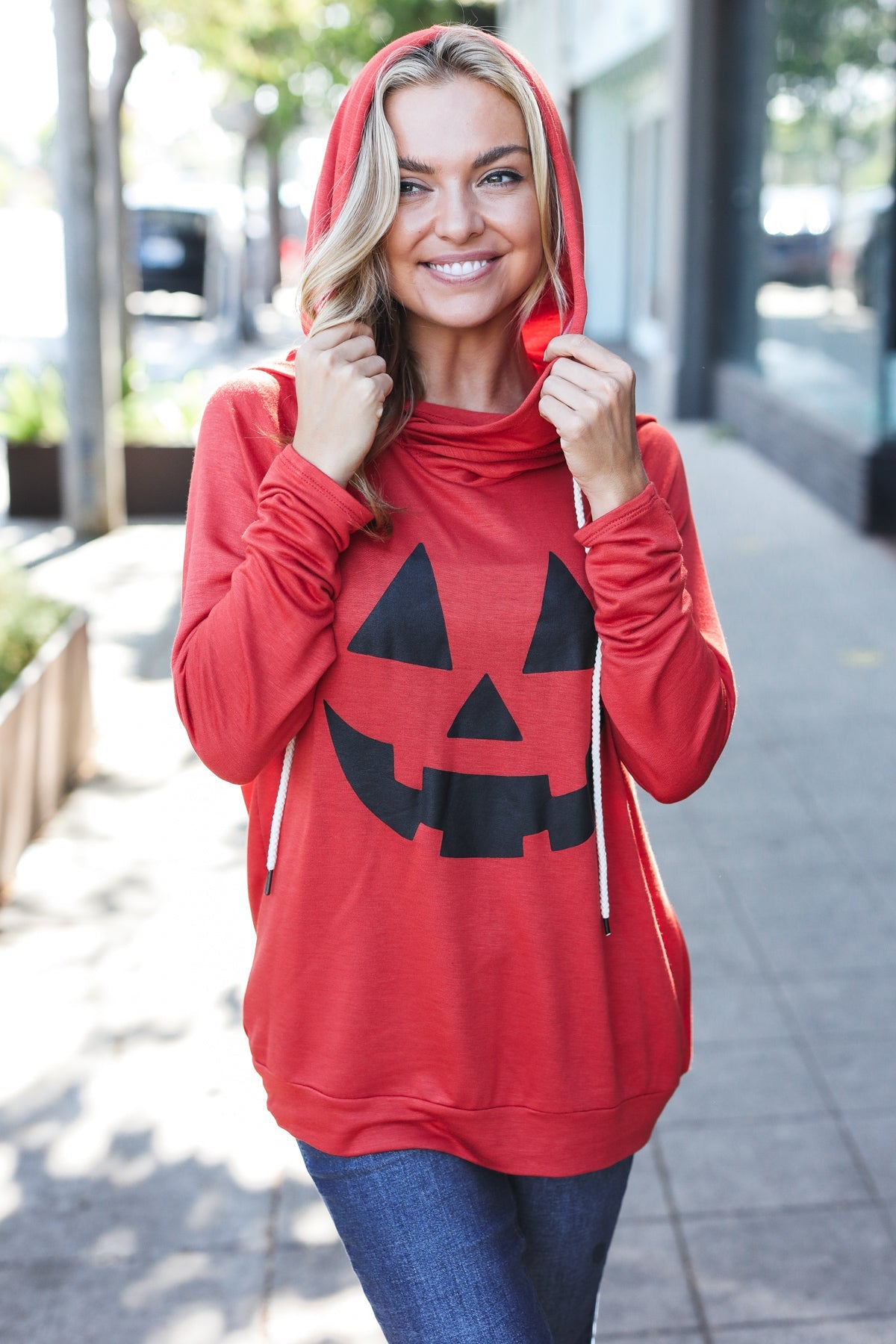 Orange Jack O'Lantern French Terry Thumb Hole Double Hoodie - Halloween Pumpkin Pullover Sweatshirt for Fall & Winter Cozy Outfits