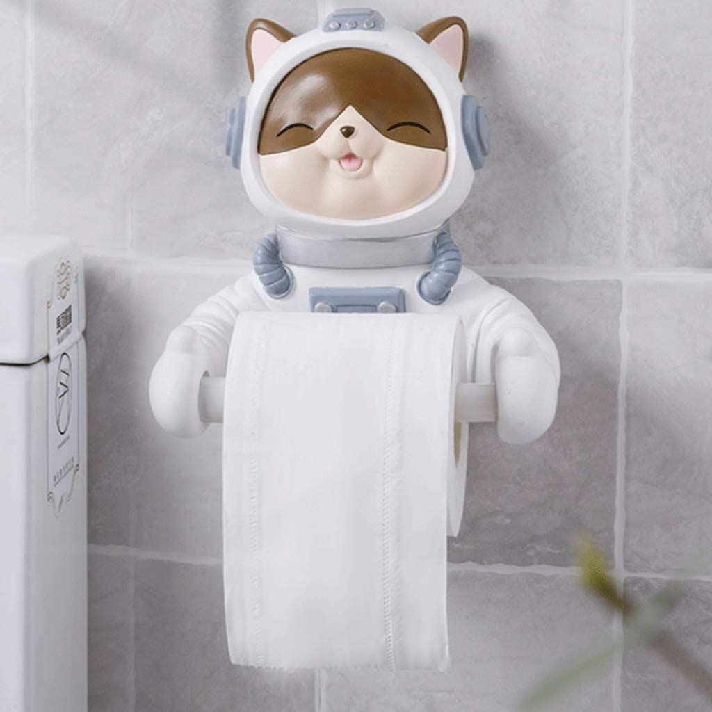 Wall-Mounted Toilet Paper Holder with Cartoon Spaceman Cat Design - No Punch Free Hanging Bathroom Tissue Box Storage Organizer - White Modern Bathroom Decor for Home, Apartment & RV Use