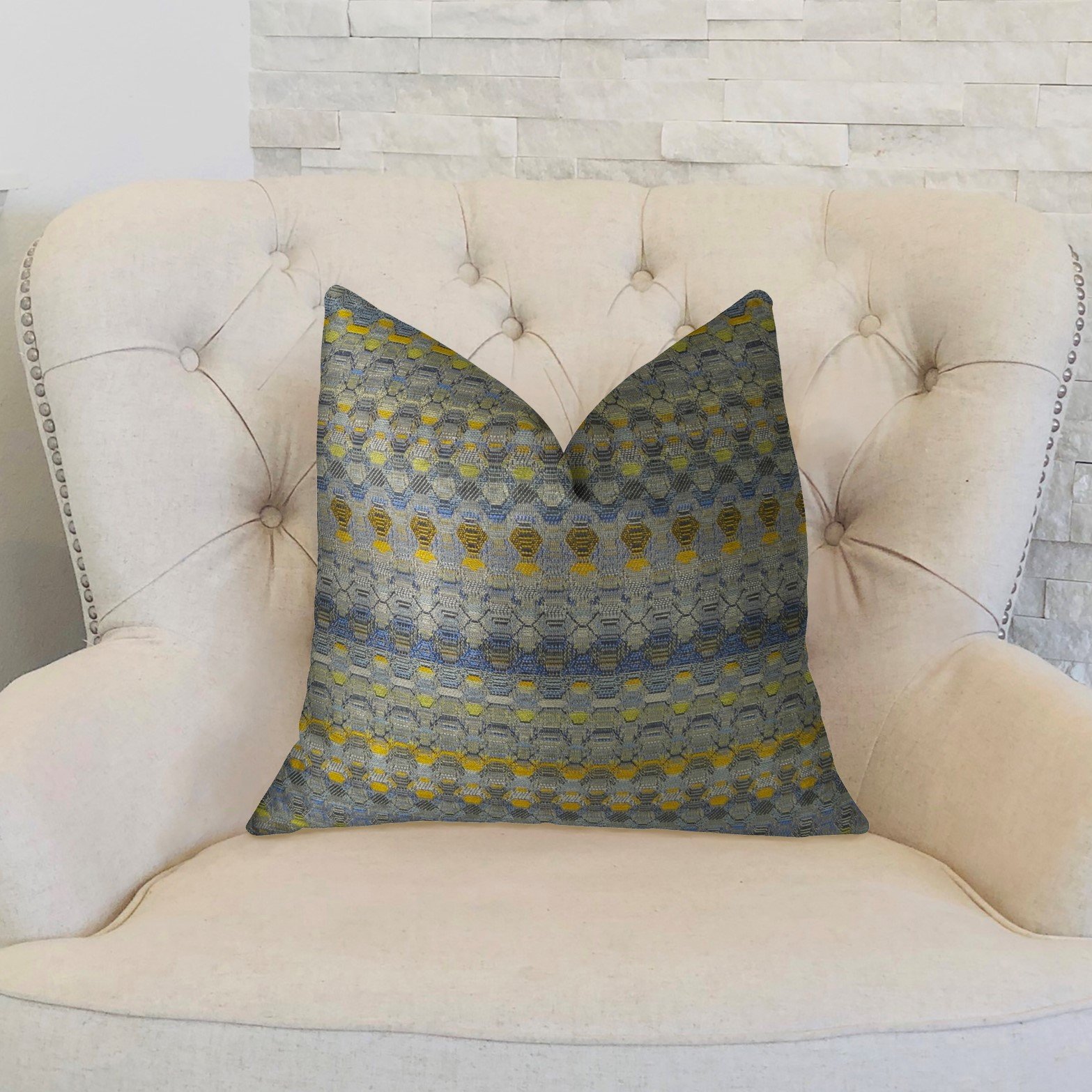 Plutus Merlot Way Handmade Throw Pillow 18x18 Inch - Blue Navy Yellow Decorative Cushion for Sofa, Bed & Living Room