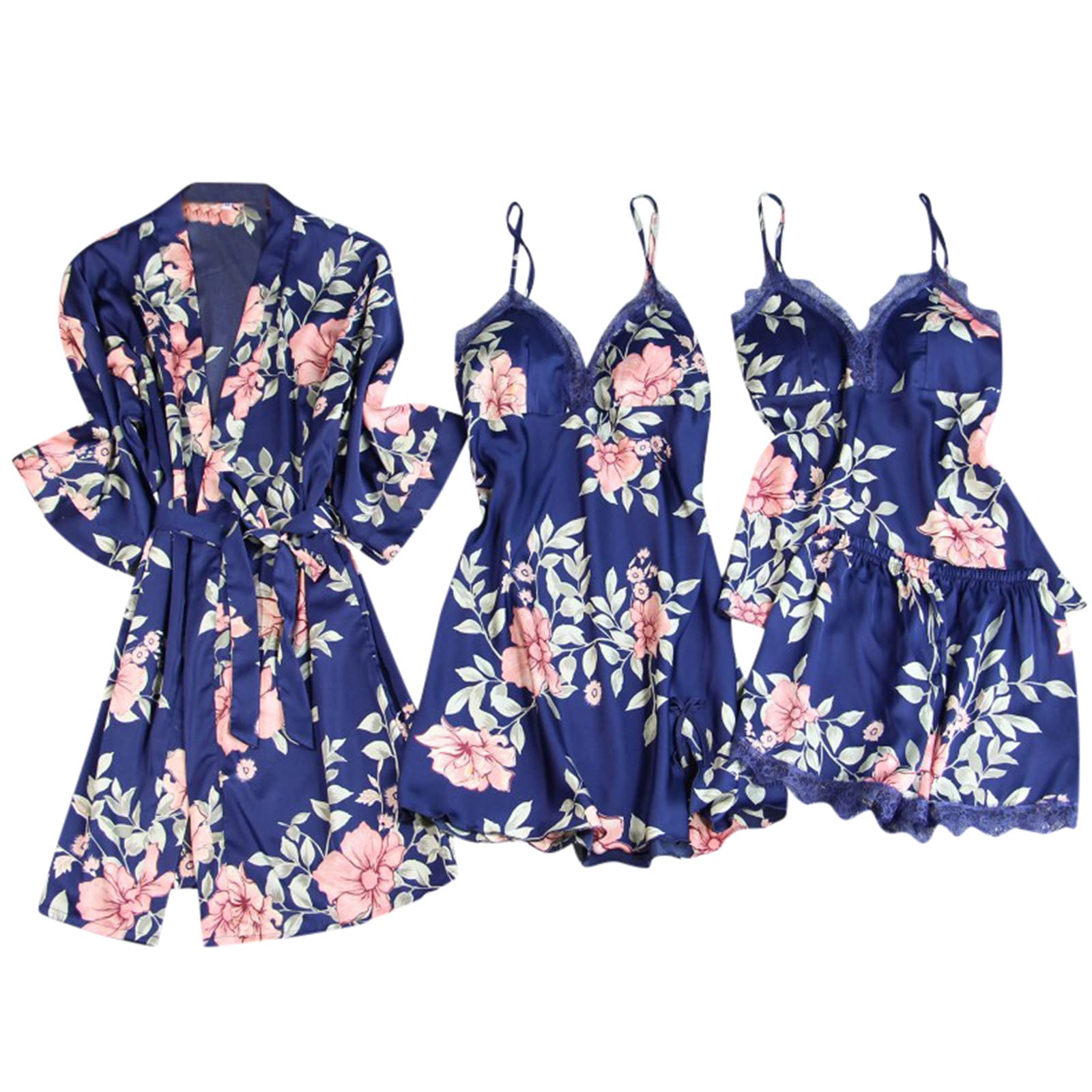 Sexy Lace Pajama Set for Women - Wireless Rimless Nightgown & Stockings - Soft Silk Sleepwear Lingerie (Blue, Size S) - Perfect for Valentine's Day, Anniversary Gifts & Romantic Nights