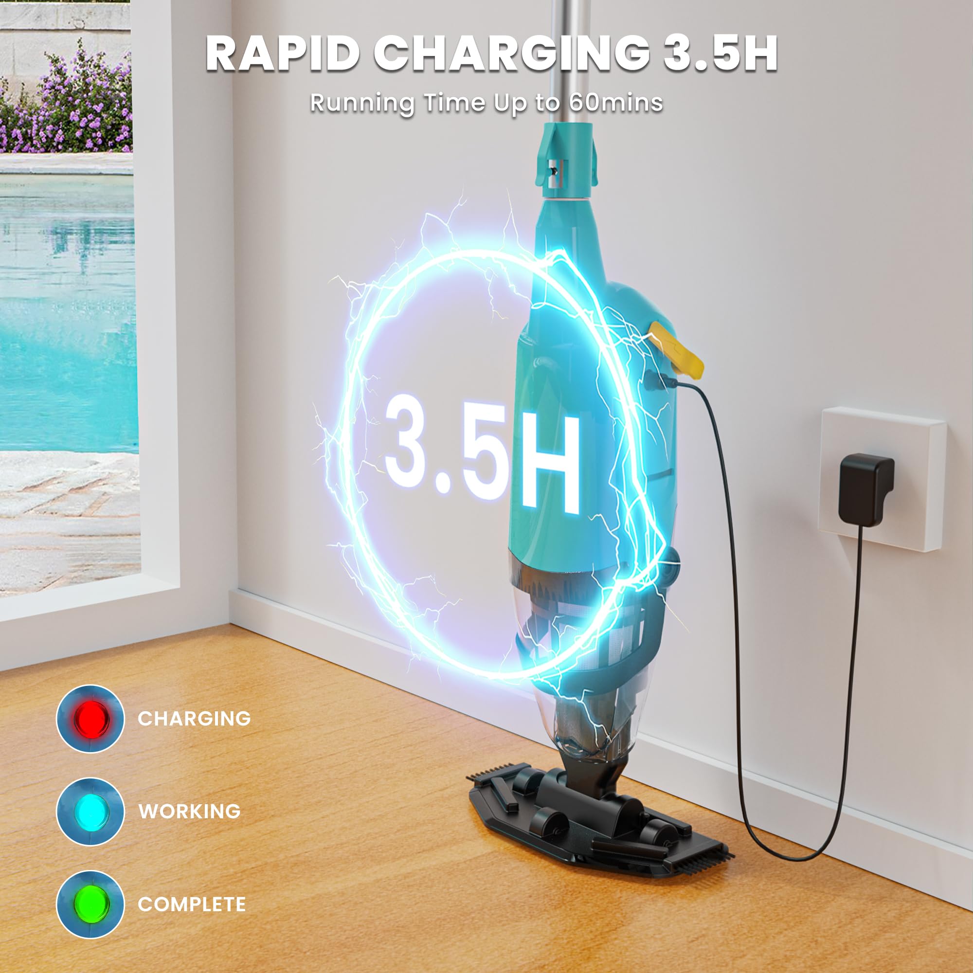 EFURDEN Cordless Rechargeable Pool Vacuum Cleaner - 60 Min Runtime, Handheld for Above Ground & Inground Pools, Spas, Hot Tubs - Efficient Sand & Debris Removal - Lightweight Green Design (Perfect for Quick Pool Maintenance & Seasonal Cleaning)