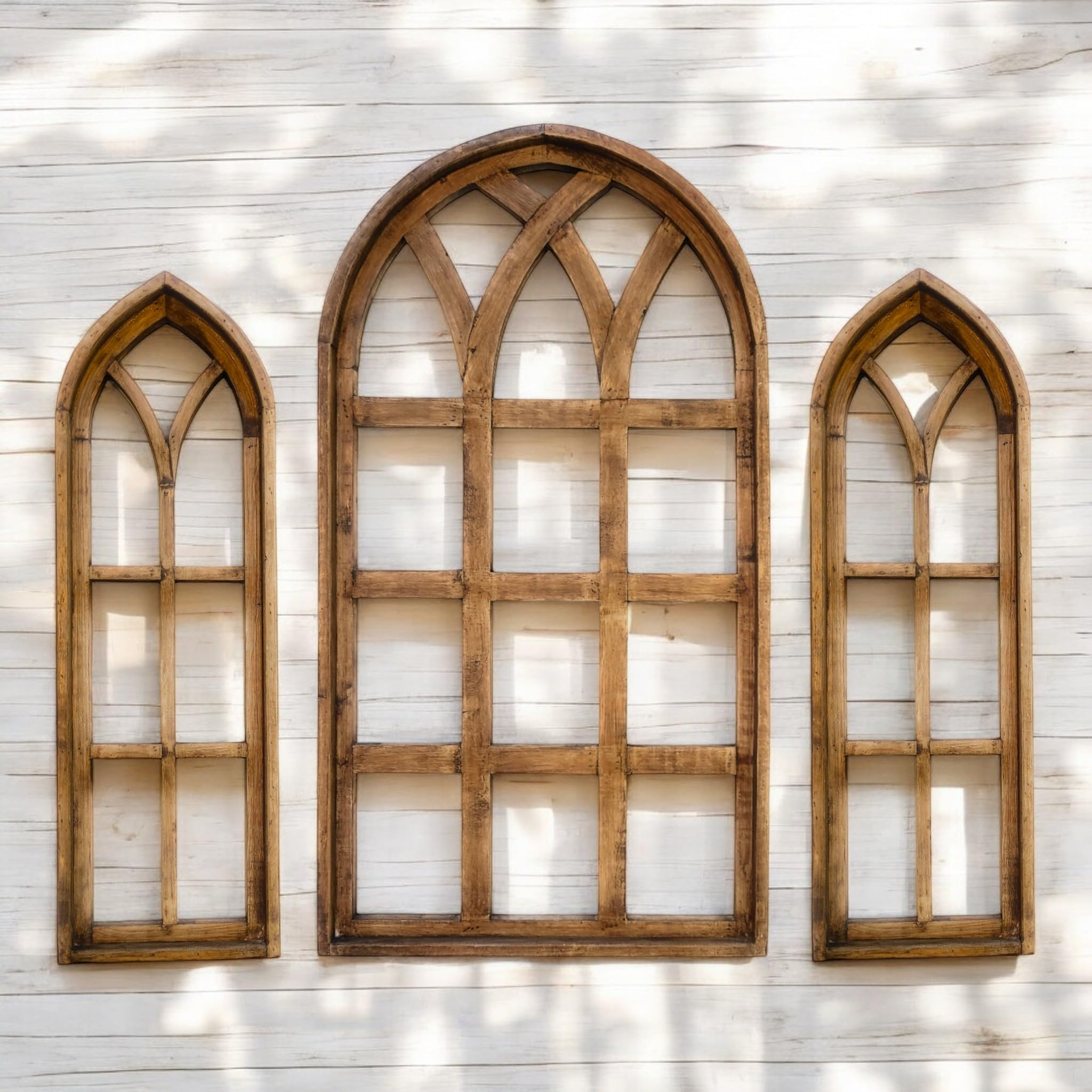 Set of 3 Rustic Brown Ash Wood Cathedral Window Arches - Farmhouse Sunset Grove Collection | Perfect for Home Decor, Wedding Backdrops & Photo Props