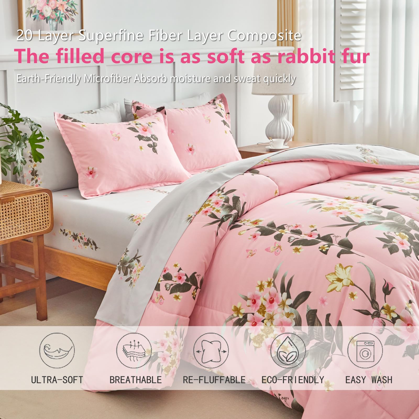 AIKASY 7-Piece Pink Queen Comforter Set with Sheets - Palm Tree Totem Print, Ultra Soft Down Alternative All Season Bedding | Perfect for Master Bedroom, Guest Room & Vacation Home Decor (Queen Size, Pink)