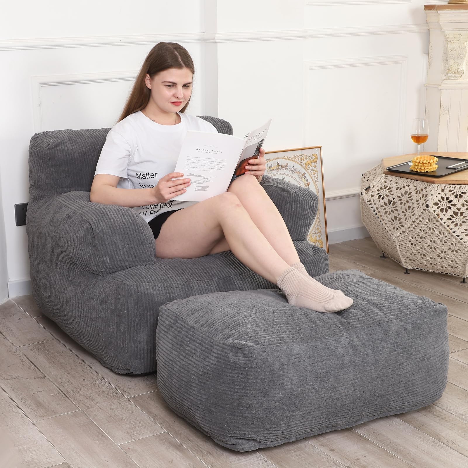 Giant Bean Bag Chair for Adults - Oversized Bean Bag Sofa with Ottoman, Dark Grey - Ultra Comfortable Reading & Lounging Chair for Dorm Room, Living Room, Bedroom & Game Room