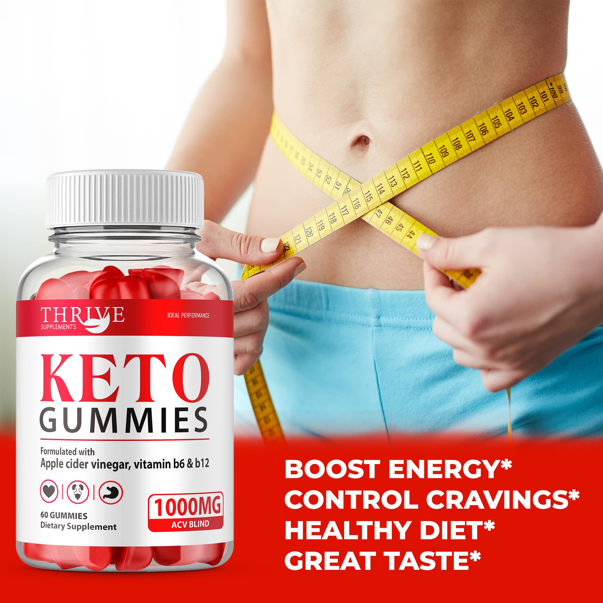 IDEAL PERFORMANCE Thrive Ketos ACV Gummies - Keto-Friendly Apple Cider Vinegar Gummy Bears (60 Count) for Weight Management & Energy Boost | Perfect for Keto Diet, Low-Carb Lifestyle & On-the-Go Wellness