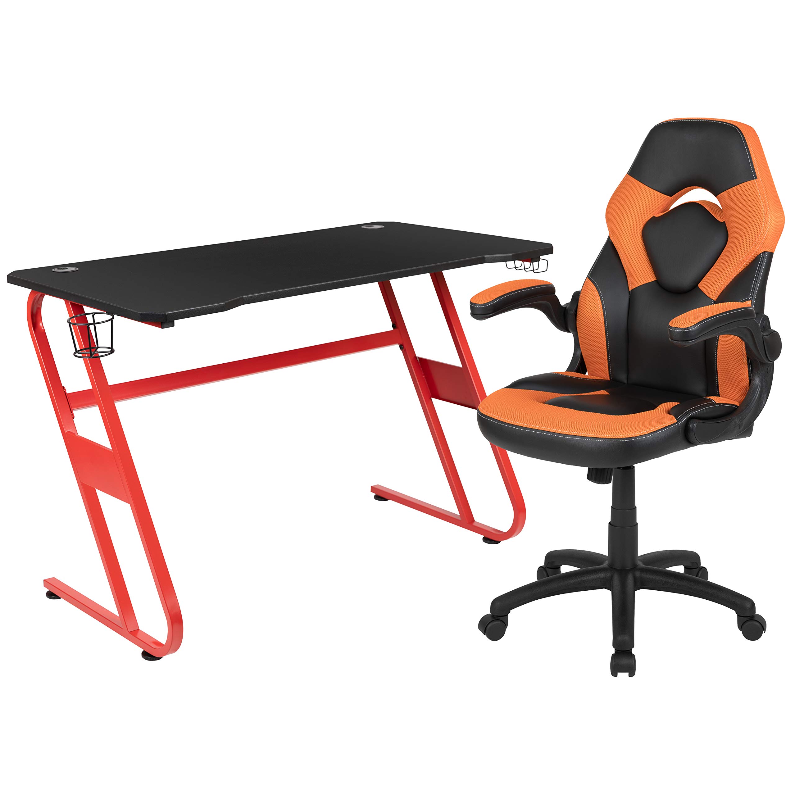 Emma & Oliver Gaming Desk Bundle - Red Computer Desk with Cup Holder, Headphone Hook & Orange Gaming Chair | Perfect for PC & Console Gaming Setup, Home Office & Streaming Station