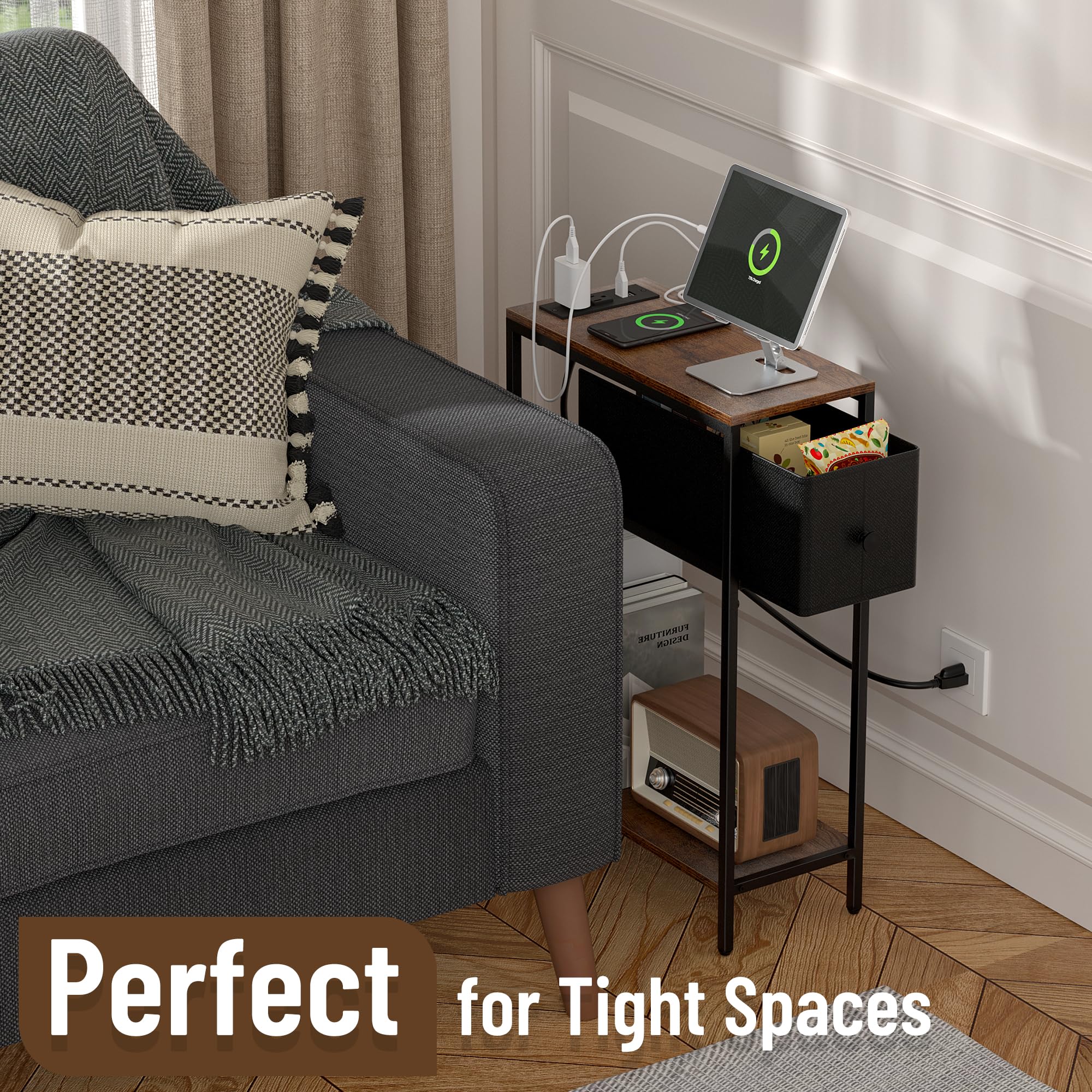 Allinside Narrow Side Table - Slim End Table with Charging Station & Fabric Drawer for Small Spaces, Rustic Brown Nightstand with Storage | Perfect Bedside Table for Living Room, Bedroom, Dorm & Apartment | Space-Saving Furniture for Compact Areas