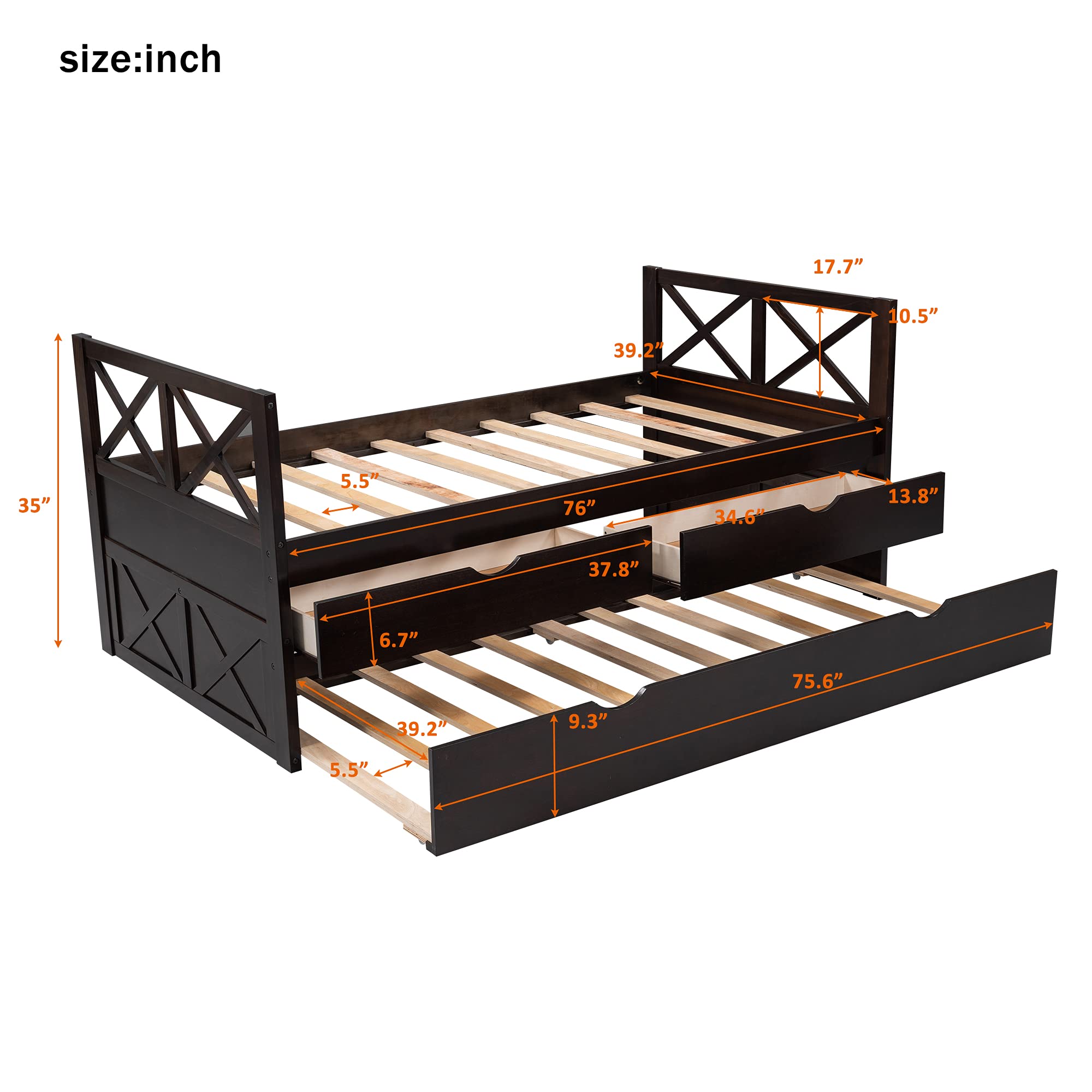 Twin Size Daybed with Drawers & Trundle - Rustic Wooden Storage Platform Bed for Kids & Teens, No Box Spring Needed, Multi-Functional Captain's Bed (Espresso) - Perfect for Guest Rooms, Dormitories & Small Spaces