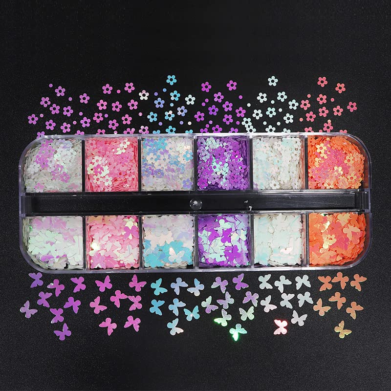 12 Grids Gradient Nail Glitter Sequins - 3D Cherry Blossom & Butterfly Nail Art Flakes for Professional Manicure | DIY Nail Decoration Accessories for Salon, Party & Special Occasions