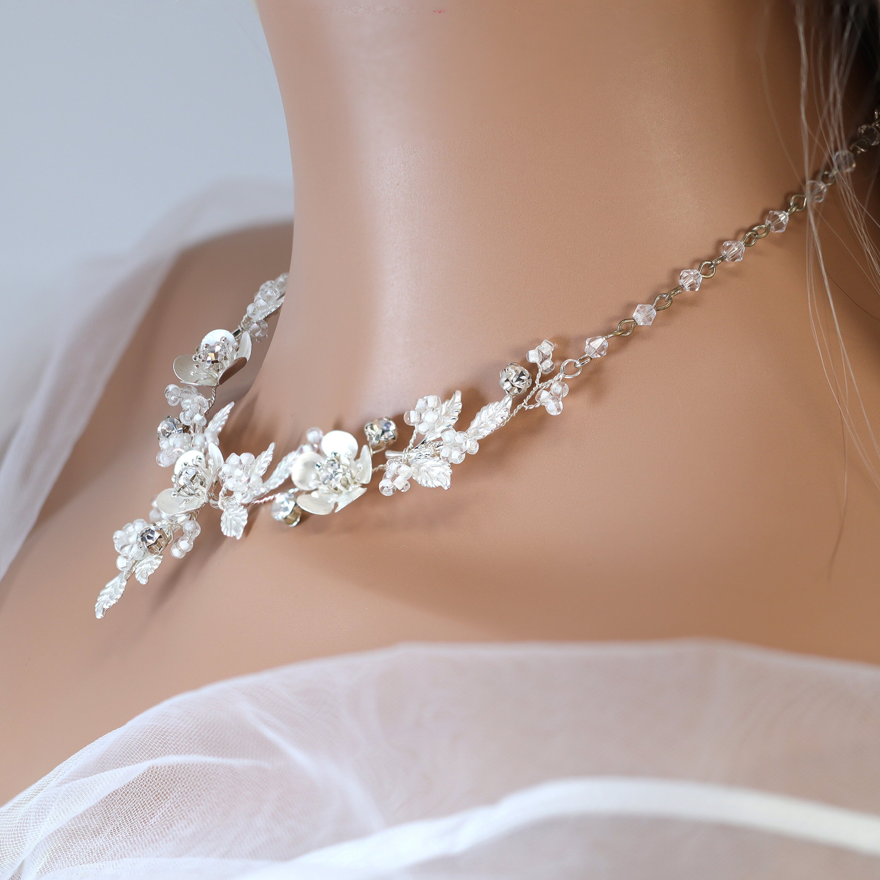 Swarovski Crystal Silver Floral Necklace Set - Elegant Long Bridal Jewelry with Flower Pendant & Statement Earrings | Perfect for Weddings, Anniversaries and Special Occasions