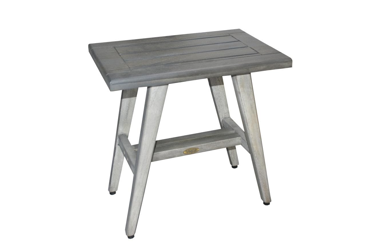 CoastalVogue 18 Inch Waterproof Teak Wood Shower Bench - Gray Bathroom Stool with Storage for Safety & Organization - Perfect for Elderly, Spa & Small Bathroom Spaces