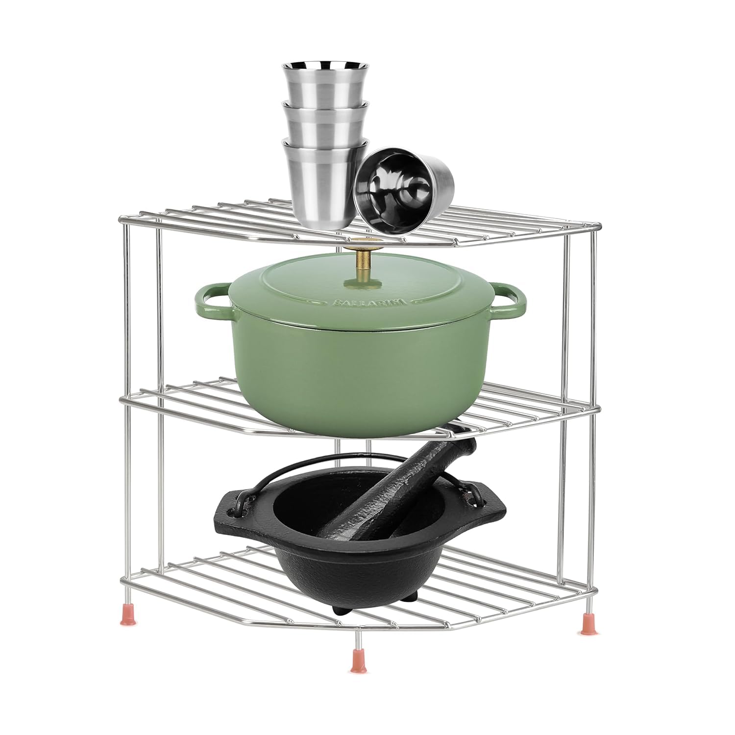 Stainless Steel 3-Tier Kitchen Corner Storage Rack - Space Saving Organizer for Dishes, Plates, Bowls & Cups - Perfect for Small Kitchens, Countertops & Pantry Organization