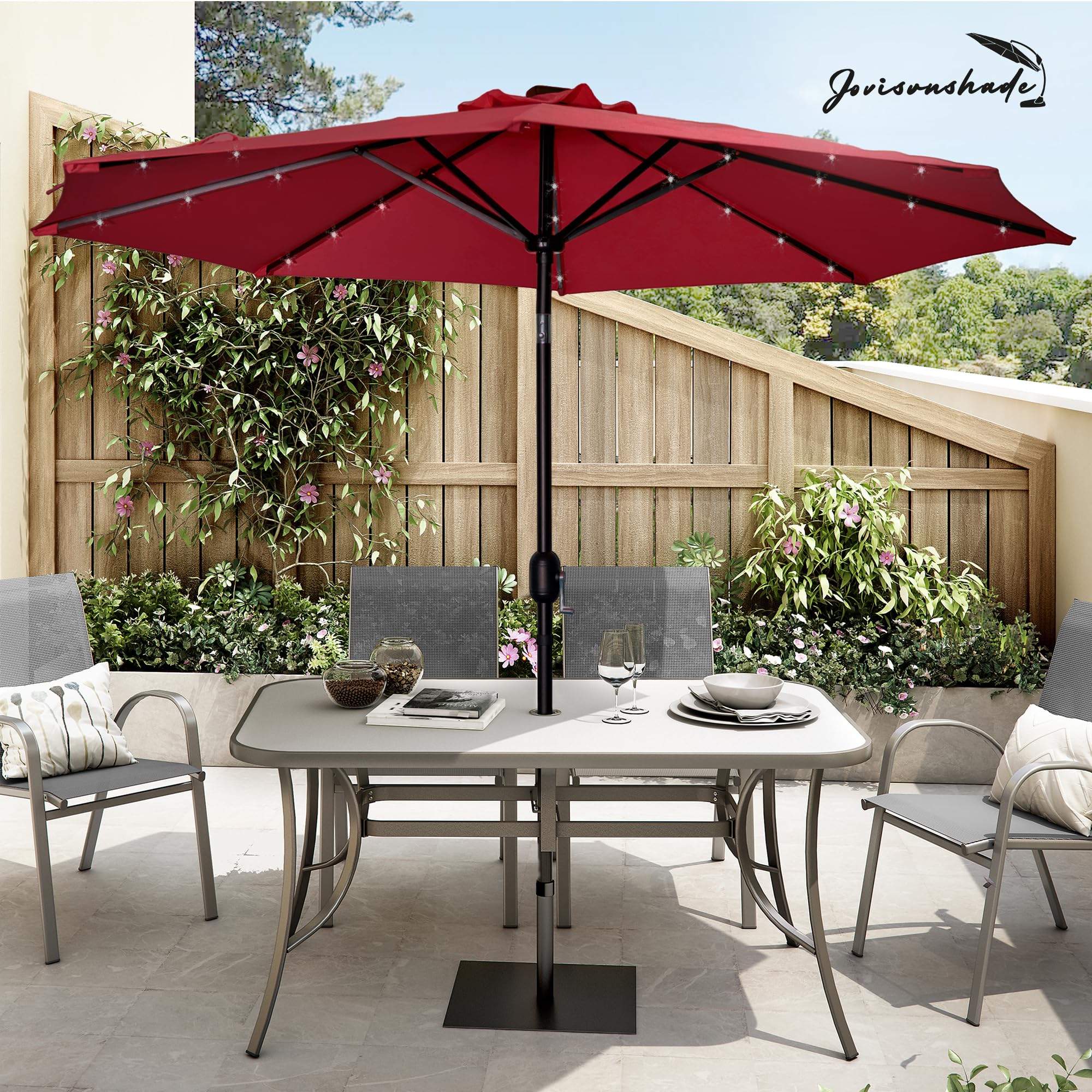 9FT Solar LED Patio Umbrella with Push Button Tilt & Crank - Waterproof Outdoor Umbrella with UV Protection for Pool, Deck, Garden - Perfect for Backyard, Porch & Outdoor Dining (Red)
